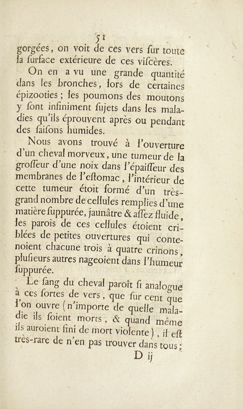 P gorgees, on voit de ces vers fur toute la furface extérieure de ces vifcères. On en a vu une grande quantité dans les bronches, lors de certaines épizooties ; les poumons des moutons y font infiniment fujets dans les mala- dies qu’ils éprouvent après ou pendant des faifons humides. Nous avons trouvé à l’ouverture d’un cheval morveux, une tumeur de la groflëur d’une noix dans l’épaifleur des membranes de J’eftomac, l’intérieur de cette tumeur étoit formé d’un très- grand nombre de cellules remplies d’une matière fuppurée, jaunâtre & affez fluide les parois de ces cellules étoient cri- blées de petites ouvertures qui conte- noient chacune trois à quatre crinons plufieurs autres nageoient dans l’humeur fuppurée. , Le &n8 ^u cheval paroît fi analogue a ces fortes de vers, que fur cent que I on ouvre (n’importe de quelle mala- de ils foient morts , & quand même ils auraient fini de mort violente ) , j| eft très-rare de n’en pas trouver dans tous -