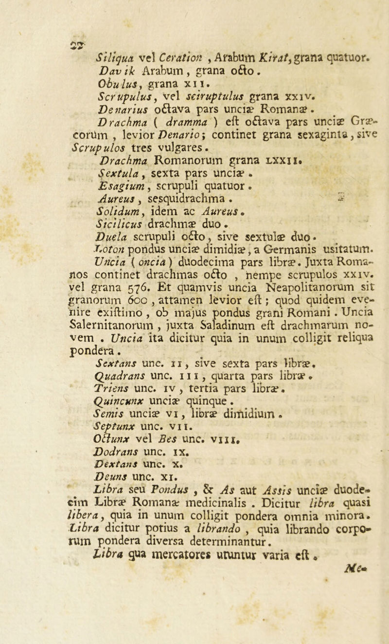 Siliqua vel Ceration , Arabum Kiraty grana quatuor. Dav tk Arabum , grana odio. Obulus, grana xii. Scrupulus, vel sdruptulus grana xxiv. Denarius odlava pars uncia? Romana?. Drachma ( dramma ) eft odlava pars unciae Grae- corUm , levior Denario; continet grana sexaginta, sive Scrupulos tres vulgares. Drachma Romanorum grana lxxii* Sextula, sexta pars uncia?. Esagium, scrupuli quatuor . Aureus, sesquidrachma . Solidum, idem ac Aureus • Sicilicus drachma? duo. Duela scrupuli odio, sive sextula? duo* Loton pondus uncia? dimidia?, a Germanis usitatum. Uncia ( oncia) duodecima pars libra?. Juxta Roma- nos continet drachmas odio , nempe scrupulos xxiv. vel grana 576. Et quamvis uncia Neapolitanorum sit granorum 600 , attamen levior eft ; quod quidem eve- nire cxiftimo , ob majus pondus grani Romani . Uncia Salernitanorum , juxta Saladinum eft drachmarum no- vem . Uncia ita dicitur quia in unum colligit reliqua pondera. Sextans unc. ii, sive sexta pars libra?. Quadrans unc. 111, quarta pars libra? . Triens unc. iv , tertia pars libra?. Quincunx unciae quinque. Semis unciae vi, libra? dimidium. Septunx unc. vn. Oblunx vel Bes unc. vm# Dodrans unc. ix. Dextans unc. x. Deuns unc. xi. Libra seu Pondus , & As aut Assis unciae duode- cim Librae Romana: medicinalis . Dicitur libra quasi liberay quia in unum colligit pondera omnia minora. Libra dicitur potius a librando , quia librando corpo- rum pondera diversa determinantur. Libra qua mercatores utuntur varia eft * Me-