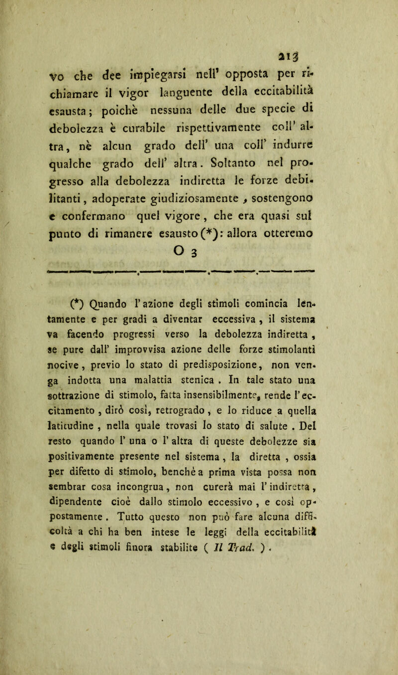 Vo che dee impiegarsi nell’ opposta per ri- chiamare il vigor languente della eccitabilità esausta ; poiché nessuna delle due specie di debolezza è curabile rispettivamente coir al- tra, nè alcun grado dell’ Una coll' indurre qualche grado dell’ altra. Soltanto nel pro- gresso alla debolezza indiretta le forze debi- litanti , adoperate giudiziosamente , sostengono e confermano quel vigore, che era quasi sul punto di rimanere esausto (*): allora citeremo O 3 (*) Quando l’azione degli stimoli comincia len- tamente e per gradi a diventar eccessiva , il sistema va facendo progressi verso la debolezza indiretta , se pure dall’ improvvisa azione delle forze stimolanti nocive, previo lo stato di predisposizione, non ven- ga indotta una malattia stenica . In tale stato una sottrazione di stimolo, fatta insensibilmente, rende F ec- citamento , dirò così, retrogrado, e lo riduce a quella latitudine , nella quale trovasi lo stato di salute . Del resto quando 1* una o 1’ altra di queste debolezze sia positivamente presente nel sistema, la diretta , ossia per difetto di stimolo, benché a prima vista possa non sembrar cosa incongrua, non curerà mai l’indiretta, dipendente cioè dallo stimolo eccessivo , e così op- postamente . Tutto questo non può fare alcuna diffi- coltà a chi ha ben intese le leggi della eccitabilità