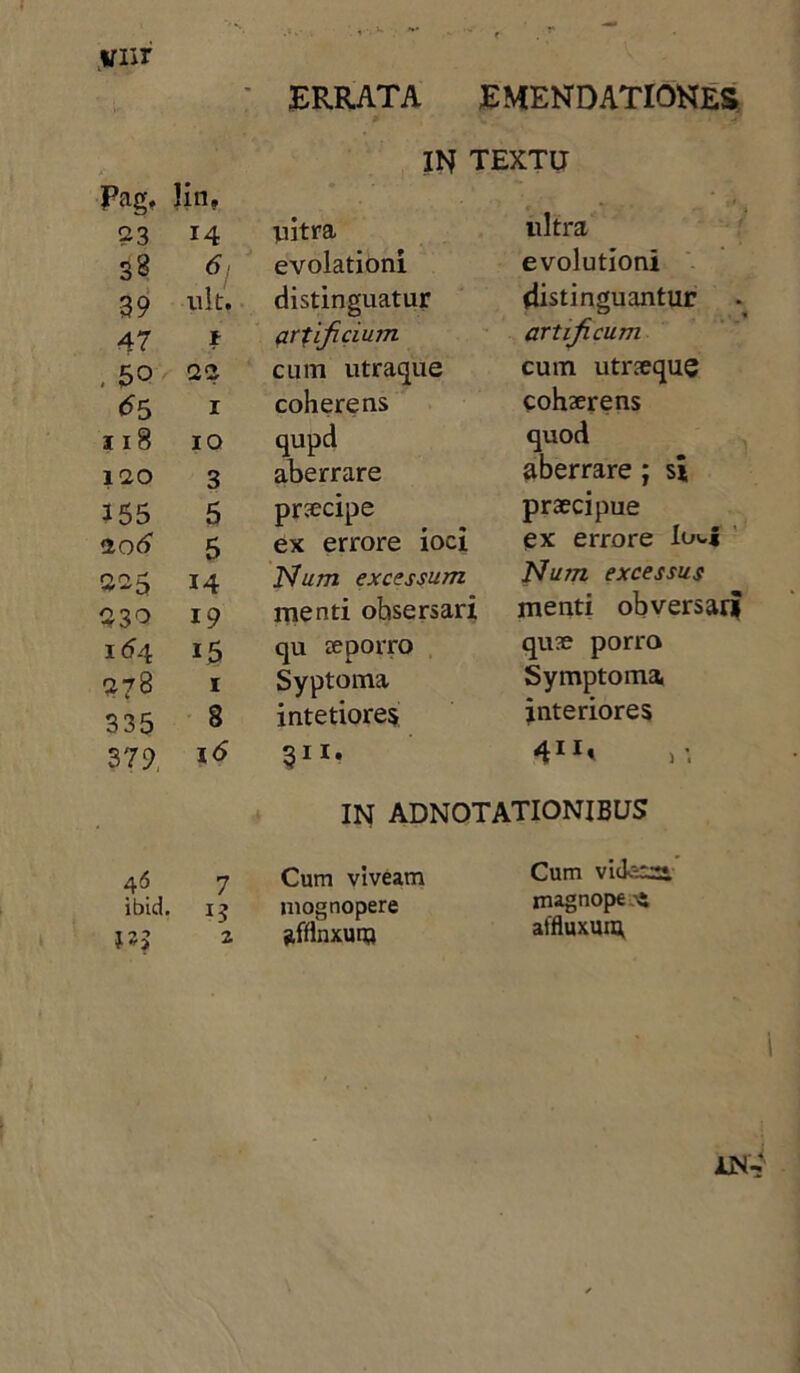 ynr ERRATA EMENDATIONES IN TEXTU Pag, ]in, ' ' • . . t* , 93 14 tutra ultra 38 evolationi evolutioni 39 ult. distinguatur distinguantur 47 i artificium artificum , 5Q 22 cum utraque cum utraeque 65 1 coherens cohaerens 11B IO qupd quod 120 3 aberrare aberrare ; si 155 5 praecipe praecipue 106 5 ex errore ioci ex errore lov.| 225 14 Num excessum Num excessus 230 19 menti obsersari menti obversar* 164 qu aeporro quae porro 278 1 Syptoma Symptoma 335 8 intetiores interiores 379, 16 311* IN adnotationibus 46 7 Cum viveam Cum vidacsi ibid. 13 mognopere magnope i IO) * z afflnxum affluxum