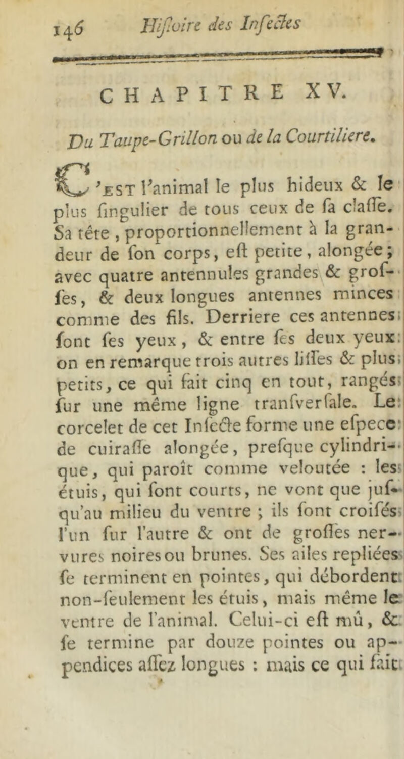 J ^6 llifioin des Infecics CHAPITRE XV. Du Taupe-Grillon ou de la Courtilierc. ^£ST Pîinimal le plus hideux & le plus fingulier de tous ceux de fa dafle. Sa tête , proportionnellement h la gran- deur de fon corps, eft petite, alongée; : avec quatre antennules grandes & grof-- les, & deux longues antennes minces i comme des fils. Derrière ces antennesil font fes yeux, & entre fes deux yeux:] on en remarque trois autres lilles & plus;| petits, ce qui fait cinq en tout, rangésij fur une même ligne tranfverfale. Le5| corcelet de cet Inlcêfe forme une efpece;| de cuirafie alongée, prefque cylindri-'i que, qui paroît comme veloutée : leS' étuis, qui font courts, ne vont que juf- qu’au milieu du ventre ; ils font croifésî| l’im fur l’autre &c ont de grofles ner- vures noires ou brunes. Ses ailes repliées' fe terminent en pointes, qui débordent: non-feulement les étuis, mais même le ventre de l’animal. Celui-ci eft mû, &. fe termine par douze pointes ou ap- pendices aflez longues : mais ce qui fait.