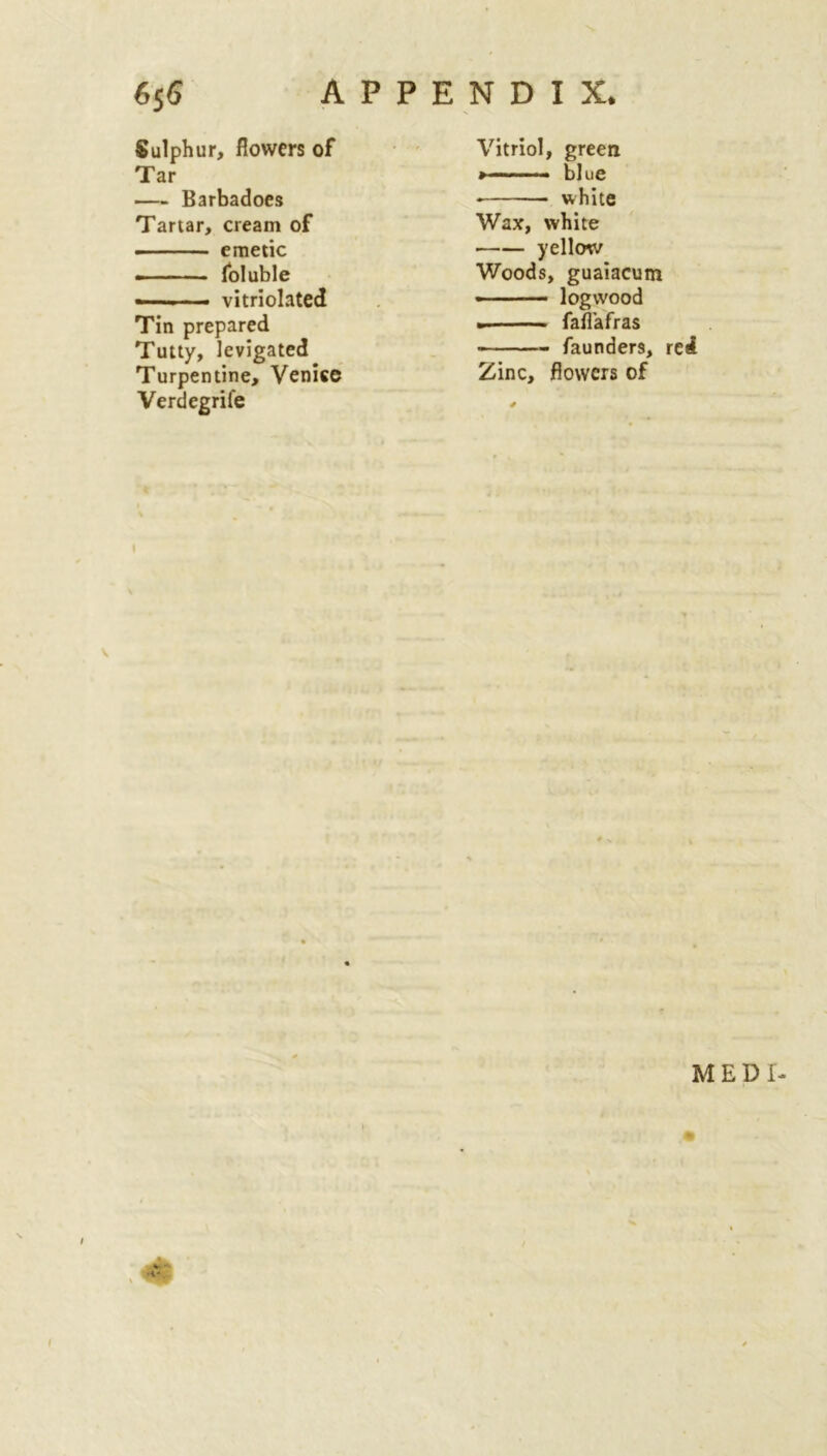 Sulphur, flowers of Tar — Barbadoes Tartar, cream of emetic foluble —■■■■■ ■ ■ vitriolated Tin prepared Tutty, levigated Turpentine, Venice Verdegrife Vitriol, green »■ ■■ blue white Wax, white yellow Woods, guaiacum - -— logwood • fafl'afras faunders, red Zinc, flowers of < V MED! I *