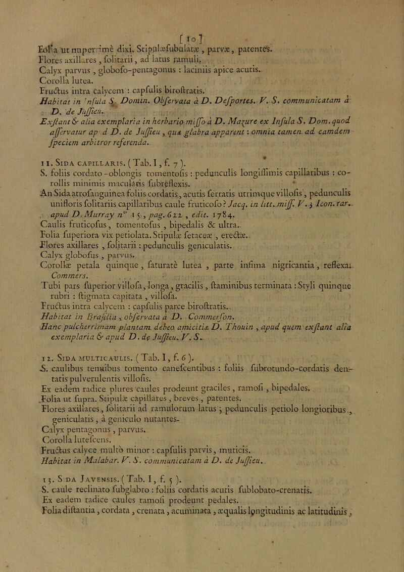 [ fo] Edlu ut nuperrime dixi. Stipf.ilaefLibulata;, parvjE, patente's. Flores axillares , folitarii, ad latus ramuli, Calyx parvus , globofo-peacagonus : laciniis apice acutis. Corolla lutea. Frudtus intra Calycem : capfulis biroftratis. Habitat in 'nfula Domin. Obfervata a D. Defportes. V. S. communicatam a D. de Jujfieu.. Exjlant& alia exemplaria in herbario mijfo a D. Mat^ure ex Infula S. Dom. quod affervatur ap .d D. de Jufjieii, quis, glabra apparent: omnia tamen, ad eamdein fpeciem arbitror referenda,. 11. Sida capillaris. (Tab. I, f. 7 ). S. foliis cordato-oblongis tomentofis -. pedunculis longillimis capillaribus : co- rollis minimis maculAds fubreflexis. An Sidaatrofanguinea foliis cordatis, acutis ferratis utrimque villofis, pedunculis unifloris folitariis capillaribus caule fruticofo ? /ac^. in lut. mijf, V, 3 Icon. rar,. , apud D.Murray n^ i 5.:, pag. 6xx , edit. 1784, Caulis fruticofus, tomentofus , bipedalis & ultra.. Folia fuperiora vix petiolata. Stipula: fetaceas , eredVic.. Flores axillares , folitarii i.pedunculis geniculatis. Calyx globofus , parvus. Corollte petala quinque , faturate lutea , parte infima nigricantia, reflexai Commers. . . , . Tubi pars fUperior villofa, longa, gracilis, ftaminibus terminata :Styli quinque rubri : ftigmata capitata , villofa. Frud:us intra calycem : capfulis parce biroftratis.-. Habitat in BfaJiUa , obfervata d D. Commerfon. Hanc pulcherrimam plantam, debeo ajnicitieeD. Thouin ^ apud quem exfant alia exemplaria & apud D.de Juffeu.V. 1 z. Sida MULTICAULIS. (Tab. I, f. (3). .S. caulibus tenuibus tomento eanefcentlbus : foliis fubrotundo-cordatis deiL- tatis pulverulentis villofis. Ex eadem radice plures caules prodeunt graciles, ramofi , bipedales. .Folia ut fupra. Stipulie capillares , breves , patentes. Flores axillares, folitarii ad ramulorum latus j pedunculis petiolo longioribus., geniculatis, a geniculo nutantes- Calyx pentagonus, parvus. Corolla lutefcens. Fru6bus calyce multo minor : capfulis parvis, muticis. Habitat in Malabar. V. S. communicatam d D. de jufjieu.. 13. S DA Javensis. (Tab. I, f. 5 ). S. caule reclinato fubglabro : foliis cordatis acutis fublobato-crenatis. Ex eadem radice caules ramofi prodeunt pedales. Folia diftantia, cordata, crenata, acumina-ca, arqualis lyngitudinis ac latitudinis,