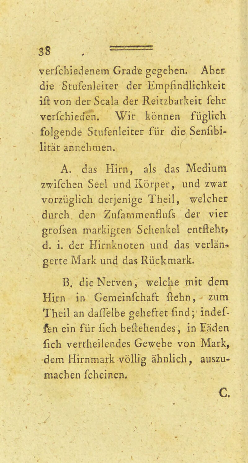 verfchiedenem Grade gegeben. Aber die Stufenleiter der Empfindlichkeit ift von der Scala der Reitzbarkeit fehr verfchieden. Wir können füglich folgende Stufenleiter für die Senfibi- litat annehmen. A. das Hirn, als das Medium zwifchen Seel und Körper, und zwar vorzüglich derjenige Theil, welcher durch den Zufammenflufs der vier grofsen markigten Schenkel entfteht» d. i. der Hirnknoten und das verlän- gerte Mark und das Rückmark. B. die Nerven, welche mit dem Hirn in Gemeinfchafc ftehn, zum Theil an daffelbe geheftet find; indef- fen ein für fich begehendes, in Fäden fich vertheilendes Gewebe von Mark, dem Hirnmark völlig ähnlich, auszu- machen fcheinen. C. I