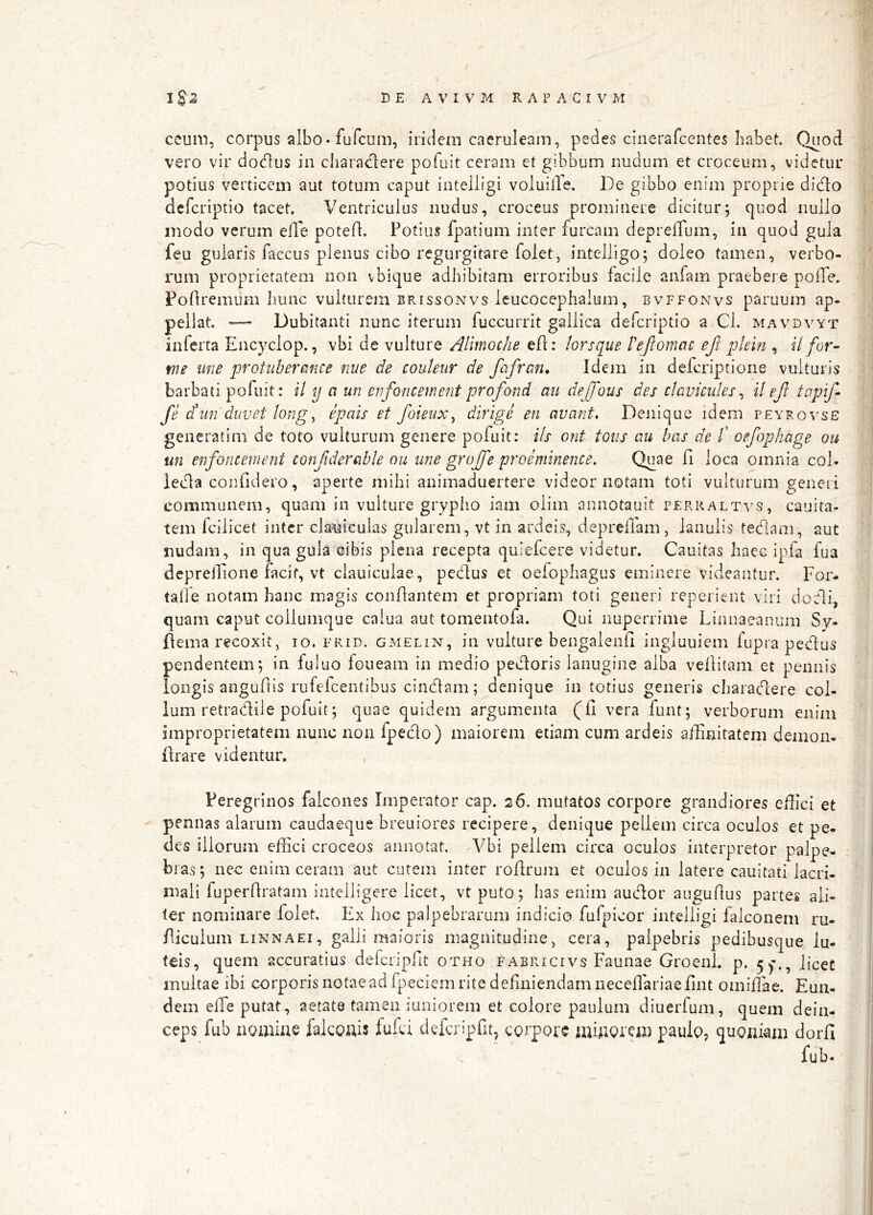 iS DE A V I V M R A P A C I V M ccum, corpus albo»fufcum, iridem caeruleam, pedes cinerafcentes habet. Quod vero vir do<dus in cliaradere pofuit ceram et gibbum nudum et croceum, videtur potius verticem aut totum caput intelligi voluille. De gibbo enim proprie dicflo deferiptio tacet. Ventriculus nudus, croceus prominere dicitur; (|uod nullo modo verum elle poted. Potius fpatium inter furcam deprelTum, in quod gula feu guiaris faccus plenus cibo regurgitare folet, intelligo; doleo tamen, verbo- rum proprietatem non vbique adhibitam erroribus facile aiifam praebere poffe. Fodremum hunc vulturem brissonvs ieucocephalum, bvffonvs paruum ap- pellat. — Dubitanti nunc iterum fuccurrit gallica deferiptio a Cl. mavdvyt inferta Encyclop., vbi de vulture Alimoche ed: lorsque PeJIomac ejl pleln , il for- me me protubereince nue de couteur de fafran. Idem in deferiptione vulturis barbati pofuit: il y a un enfoncewent profond au dejfoue des clavicules ^ il eJl tcpif^ Je dun duvet long^ epais et foieux^ dirige en auant* Denique idem peyrovse generatini de toto vulturum genere pofuit: iis ont tous au has de V oefophage ou un enfoncement confidersible ou une grojfe proiminence. Quae fi loca omnia col- lecda confidero, aperte mihi animaduertere videor notam toti vulturum generi communem, quam in vulture grypho iam olim annotauit perraltvs, cauita- tem fcilicet inter clauiculas gularem, vt in ardeis, deprefiam , ianuiis teefiam, aut nudam, in qua gula cibis plena recepta quiefeere videtur. Cauitas haec ipfa fua deprelfione facit, vt clauiculae, pedus et oeiophagus eminere videantur. For- tade notam hanc magis confiantem et propriam toti generi reperient viri dodi, quam caput collumque calua aut tomeiitofa. Qui nuperrime Linnaeanum Sy- flema recoxit, lo. frid. gmelin, in vulture bengalenfi ingluuiem fupra pedus pendentem; in fuluo foueam in medio pedoris lanugine alba vefiitam et pennis iongis angufiis rufefeentibus cindam; denique in totius generis charaedere col- lum retradile pofuit; quae quidem argumenta (fi vera funt; verborum enim improprietatem nunc non fpecdo) maiorem etiam cum ardeis affinitatem demon- drare videntur. , Peregrinos falcones Imperator cap. 26. mutatos corpore grandiores effici et pennas alarum caudaeque breuiores recipere, denique pellem circa oculos et pe- des illorum effici croceos annotat. Vbi pellem circa oculos interpretor palpe- bras; nec enim ceram aut cutem inter rofirum et oculos in latere cauitati lacri- mali fuperfiratam iatelligere licet, vt puto; has enim audor augufius partes ali- ter nominare folet. Ex hoc palpebrarum indicio fufpicor intelligi falconem ru- fiiculum LiNNAEi, galli maioris magnitudine, cera, palpebris pedibusque iu- teis, quem accuratius defcripfit otho fabricivs Faunae Groenl. p. 5^*., licet multae ibi corporis notae ad fpeciem rite definiendam necefiariaefint omiilae. Eun- dem effe putat, aetate tamen iuniorem et colore paulum diuerfum, quem dein- ceps fub aomiae falcoais fufd defcripfit, corpore mi.uQrem paulo, quoaiam dorfi fub.