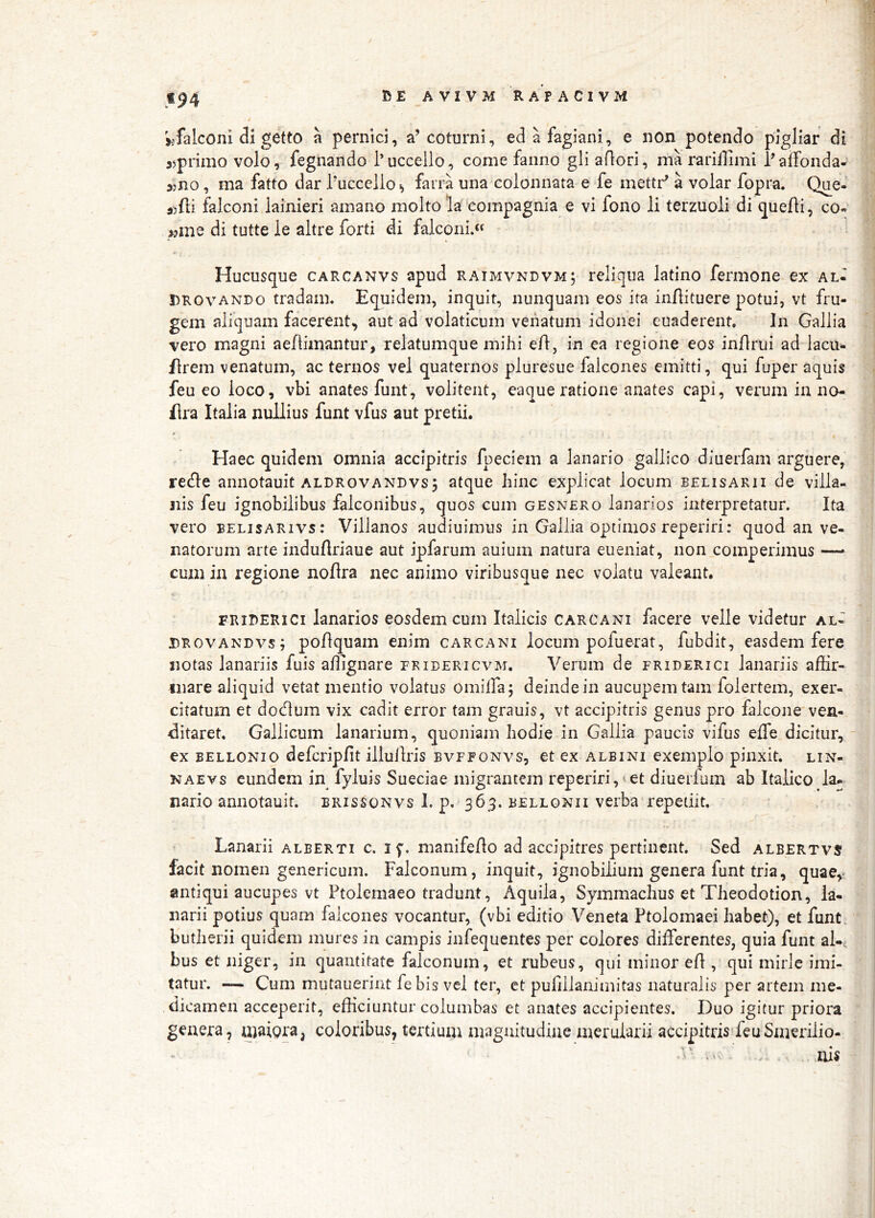 / 194 BE AVI VM RAPACI VM falconi di getto a pernici, a’coturni, edafagiani, e non potendo pigliar di apprimo volo, fegnando l’uccello, come faiino gliartori, ma rarillimi talfonda^ 5jno, ma fatto dar 1‘uccelio^ farra una colonnata e fe mettr^ a volar fopra. Que- falconi lainieri amano molto la 'compagnia e vi fono li terzuoli di (juefli, co- «me di tutte ie altre forti di falconi.« Hucusque carcanvs apud raimvndvm; reliqua latino fermone ex al- nROvANDo tradam* Equidem, inquit, nunquam eos ita infiituere potui, vt fru- gem aliquam facerent, aut ad volaticum venatum idonei euaderent. In Gallia vero magni aeflimantur, relatumque mihi ert, in ea regione eos inrtrui ad lacu- /Irem venatum, ac ternos vel quaternos pluresue falcones emitti, qui fuper aquis feu eo loco, vbi anates funt, volitent, eaque ratione anates capi, verum in no ilra Italia nullius funt vfus aut pretii. Haec quidem omnia accipitris fpeciem a lanario gallico diuerfam arguere, re(fle annotauit aldrovandvsj atque hinc explicat locum belisarii de villa- iiis feu ignobilibus falconibus, quos cum gesnero lanarios interpretatur. Ita vero EELisARivs: Villanos audiuimus in Gallia optimos reperiri: quod an ve- natorum arte induflriaue aut ipfarum auium natura eueniat, non comperimus — cum ia regione noflra nec animo viribusque nec volatu valeant. FRiDERici lanarios eosdem cum Italicis carcani facere velle videtur al- DROVANDvs; poflquam enim carcani locum pofuerat, fubdit, easdem fere notas lanariis fuis affignare fridericvm. Verum de friderici lanariis affir- mare aliquid vetat mentio volatus omiffa; deinde in aucupem tam folertem, exer- citatum et docTum vix cadit error tam grauis, vt accipitris genus pro falcotie ven- ditaret, Gallicum lanarium, quoniam hodie in Gallia paucis vifus eife dicitur, ex BELLONio defcripfit illullris bvffonvs, et ex albini exemplo pinxit, lin- NAEvs eundem in fyluis Sueeiae migrantem reperiri,'et diuerlum ab Italico la- nario annotauit. brissonvs I. p. 36 9. bellonii verba repetiit. Lanarii alberti c. if. manifefto ad accipitres pertinent. Sed albertvs facit nomen genericum. Falconum, inquit, ignobilium genera funt tria, quaCy antiqui aucupes vt Ptolemaeo tradunt, Aquila, Symmachus et Theodotion, la- narii potius quam falcones vocantur, (vbi editio Veneta Ptolomaei habet), et funt butherii quidem mures in campis infequentes per colores differentes, quia funt al-c bus et niger, in quantitate falconum, et rubeus, qui minor eA , qui mirle imi- tatur. — Cum mutauerint febis vel ter, et pulillaniinitas naturalis per artem me- dicamen acceperit, efficiuntur columbas et anates accipientes. Duo igitur priora genera, n]aiQra, coloribus, tertium magnitudine merularii accipitrisffeuSinerilio- -V ..s. . ,nis