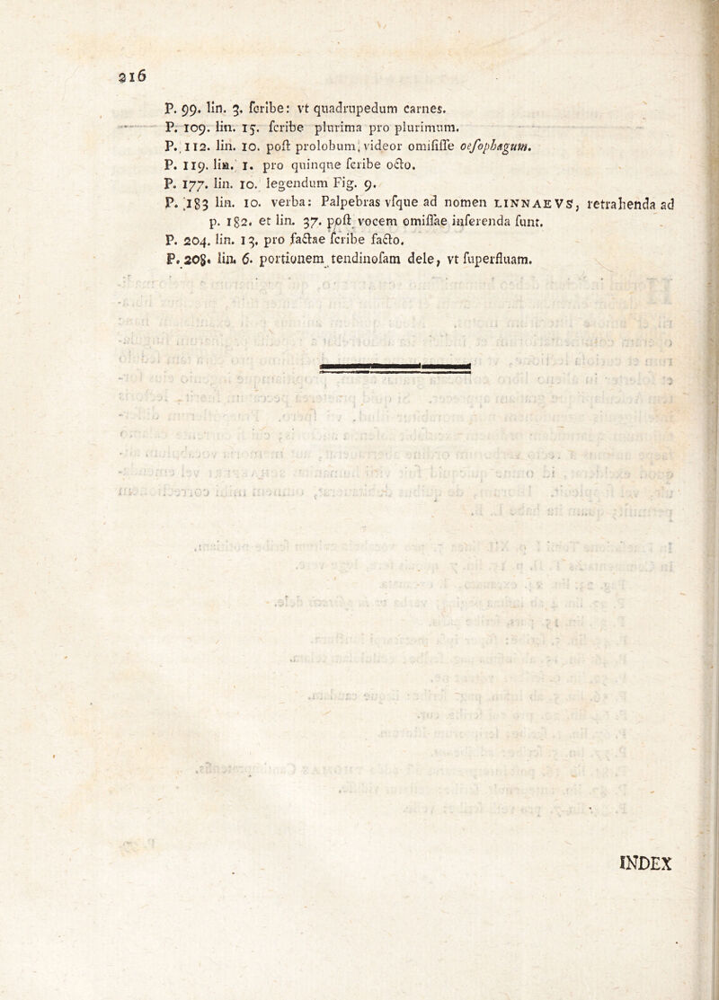 / 6 P. 99. lln. 5, fcrlbe: vt quadrupedum carnes. ' * ' P. 109. liii. ij. fcribe piurima pro piurimnm. . . P.,II2. lin. IO. poft prolobum^ddeor omifilTe oefophAgmu P. II9. lia.; I. pro quinque fcribe ocio. P, 177. lin. IO. legendum Fig. 9. P. ;ig9 lin. IO. verba: Palpebras vfque ad nomen linnaeVSI, retrahenda ad p. Ig2. et lin. 37. poli vocem omiflae inferenda funt, P. 204. lin. 13. pro fa£lae fcribe fa6lo. P. 208t lin. 6. portionem tendinofam dele, vt fuperfluam. INDEX