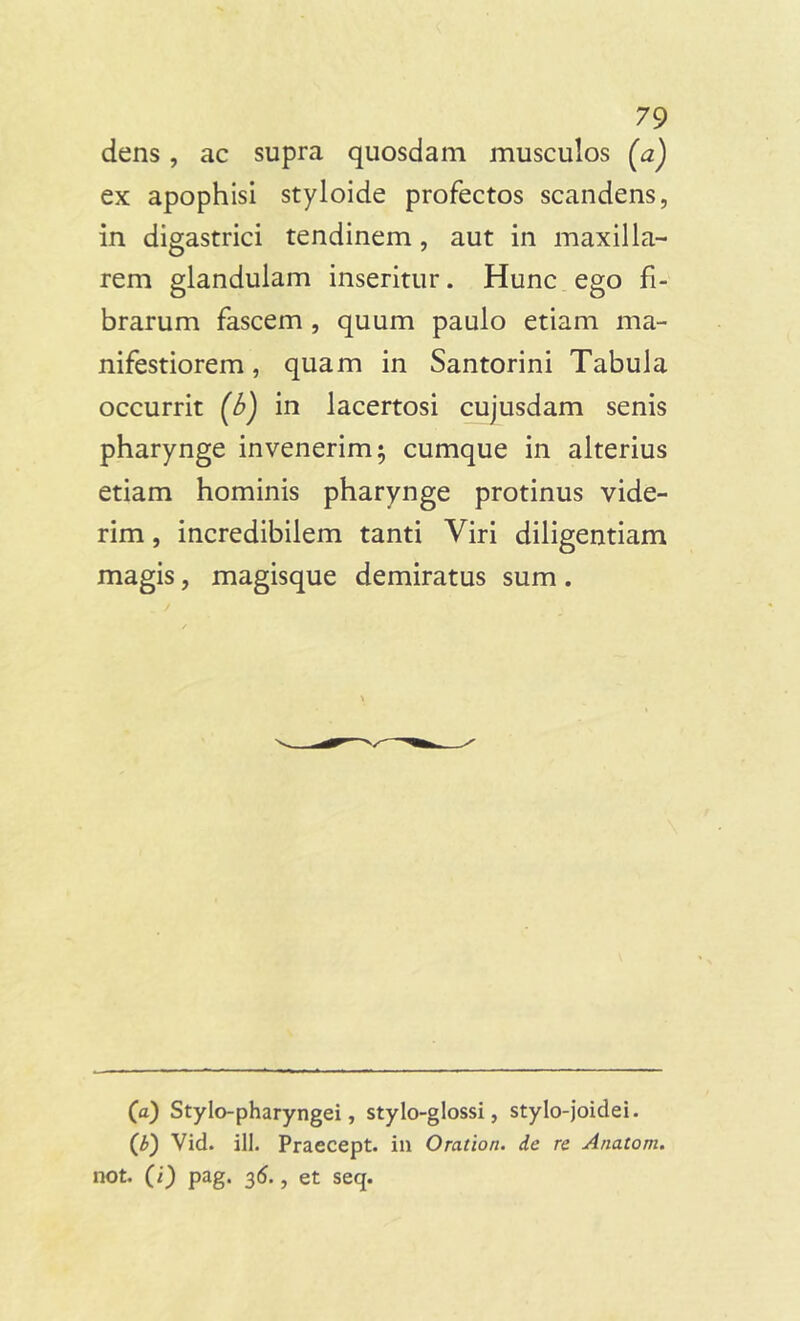 dens, ac supra quosdam musculos (a) ex apophisi styloide profectos scandens, in digastrici tendinem, aut in maxilla- rem glandulam inseritur. Hunc ego fi- brarum fascem , quum paulo etiam ma- nifestiorem , quam in Santorini Tabula occurrit (6) in lacertosi cujusdam senis pharynge invenerim ; cumque in alterius etiam hominis pharynge protinus vide- rim , incredibilem tanti Viri diligentiam magis, magisque demiratus sum . (a) Stylo-pharyngei, stylo-glossi, stylo-joidei. (£) Vid. ili. Praecept. in Orntion. de re Anatom. not. (i) pag. 36., et seq.
