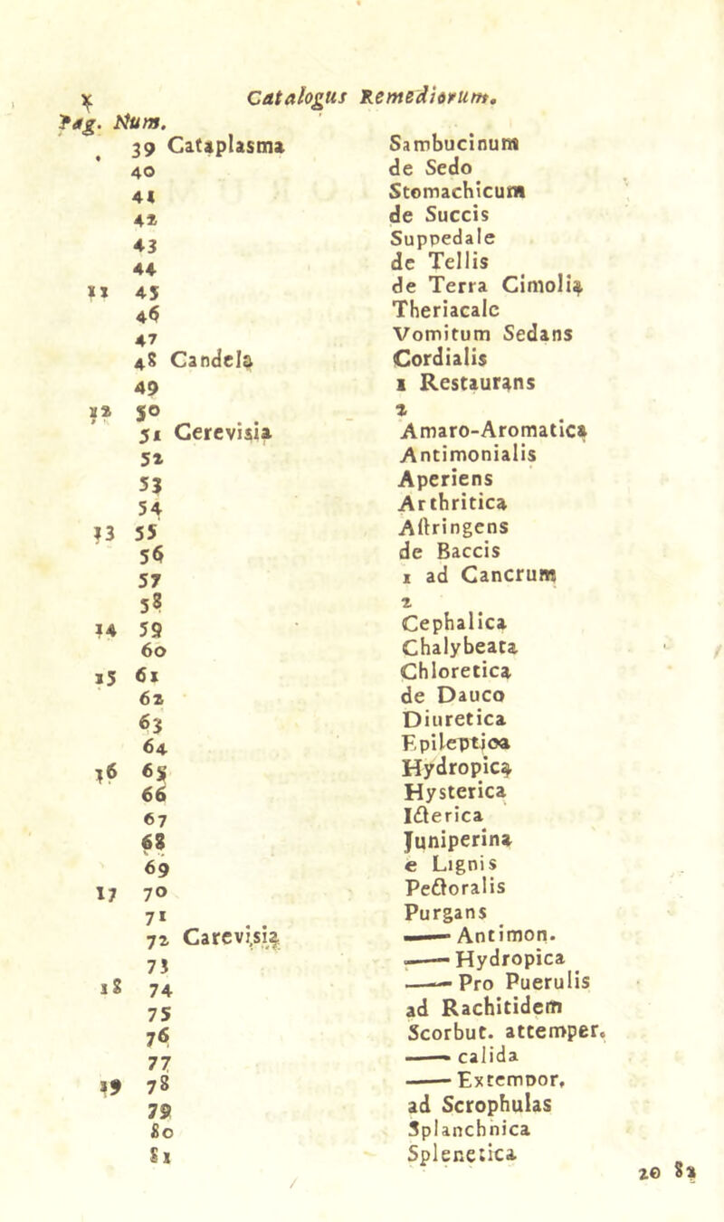 fag. ^tum. 39 CatapUsm» 40 41 4* 43 44 IJ 45 4^ 47 45 Candela Sairbucinura de Sedo Stomachicum de Succis Suppedale de Tellis de Terra Cimoli^ Theriacalc Vomitum Sedans Cordialis 49 1 Restaurans s° » 5* Gere visi» Amaro-Aromatica 5z Antimonialis 5J Aperiens 54 Arthritica ?3 55 Aftringens 5<5 de Baccis 57 I ad Cancrum 58 2 ?4 59 Cephalica 60 Chalyheata j5 6x Chloretica 6z de Dauco 63 Diuretica 64 Epileptica 3? «S Hydropica 66 Hysterica 67 Iderica 6S Juniperina 69 e Lignis 17 70 Pedoralis 7* Purgans 72 Carcvi,si| —— Antimon. 75 •——Hydropica ^ si 74 ——Pro Puerulis 75 ad Rachitidem 7^ Scorhut. attemper 77 calida 1« 78 Extemoor, 79 ad Scrophulas £0 Splanchnica Si Splenetlca ze Sz