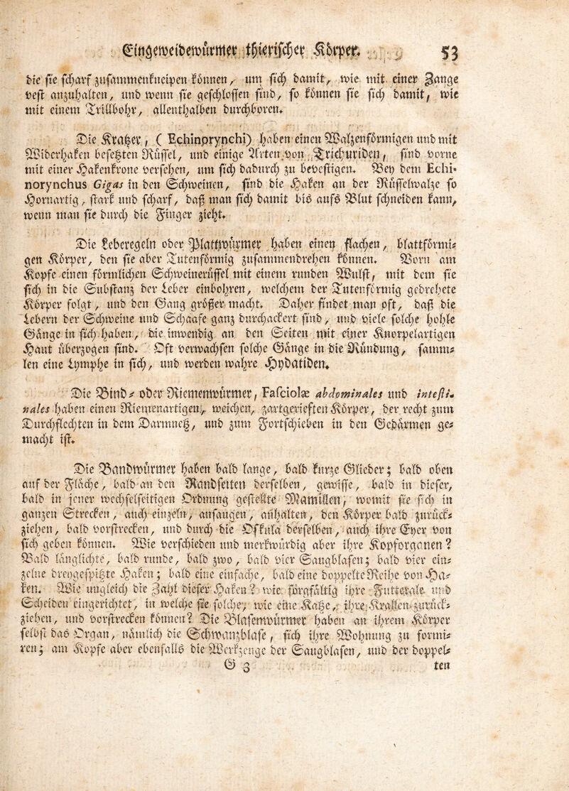 bie fte fd;arf jußtmmenftteipen Knnen, um ftd; bamit, wie mit ein ei* gange Deft anguhalten, unb wenn fte c^efd^iofl'en fmb, fo Kirnen fte fid) bamit/ wie mit einem Srillbohr, allenthalben bttrchborem , • * ■ ‘ * -rr • *■’ >f# Sie f ( Echinprynchi) h^ben einen QBaljenffrmigen unb mit 5Biberl)afen befe|ten Muffel, unb einige 2frtcn;Don hjnchuriben f fmb Dorne mit einer ijafenKone Derfeben, um fid) babnrd; ju beDeßigen* 33et) bem Echi« norynchus Glgas in ben @d;weinen, fmb bie Saaten an ber SKiflclwabc fo kornartig , ßarf unb fcfyarf, baß man fid) bamit bie> aufp 33lut fd;neiben fann, wenn man fte burcl; bie Ringer jieht* Sie ücbcvegeln ober ^MatÜDiUmiet fyaßm einen flachen, blattförmig gen $brper, ben fte aber Smtenfbrmig gufammenbrehcn fonnem SSorn am $opfe einen fSrmKd^en ©efmeinerujfel mit einem runben 32Sulß f mit bem fte fid) in bie ©ubßatg ber lebcr einbohren, welchem ber Srntenfirmig gebreitete Körper folgt, unb ben ©ang gKßer mad© Saher ftnbet man oft, baß bie iebern ber ©ci;weine unb ©d;aafe gmg burdjuufert ftn.b, unb Diele folche hohle ©dnge in ftch hnben , bie inwenbig an ben ©eiten mit einer ^norpelartigen $ant überzogen fmb* Oft Derwad;fen foldte ©dnge in bie Sumbung, famrn* len eine it;mphe in fid) f unb werben wahre ^pöattöeru Sie Sßtnb^ ober9uememourmet, Fafdolse abdominales unb intefii* nales haben einen Oxiemenartigen.,. weichen, prtgerieften^brper, ber recht pim Surd;fled;ten in bem Svtrmne|, unb jum Jortfdßeben in ben ©ebarmen ge* mad;t ißv Sie Q$anbtmirmet haben halb lange, halb fur^e ©lieber; halb oben auf ber gdadje, halb an ben fRanbfettett berfelben, gewtjfe, halb in biefer, halb in jener wed)felfeitigen Orbmutg geßeHte SKamtlleo) womit fte fch in ganzen ©treefen, and) einzeln , anfaugen, anhalten, ben Äbrper halb pxnät giehen, halb borßrecf’en, unb burd; bte Offnla berfelben, and) ihre ©per Don ftd) geben Kutten* 533ie Derfdjieben unb merfwurbig aber ihre Äopforgarten ? 35alb langlidjte, halb runbe, balb^wo, halb oicr ©augblafen; halb Dier ein? Seine brepgefpifte späten; halb eine einfache, halb eine hoppelte IKeibve Don lern SÖie'uugleid; bie gal^l btefeS* j^afen ? • wie; forgfdltig ihre • f^uttc.fcale. unb ©d)eiben eingerichtet , in welche ße fold)e> wie eilte Äafe,: ihre:krg|cn%trucfj Sieben r unb Dcrftrecfen Knneu? Sic ©da ferne {irrster haben an ihrem Juwper fcOtfi bao Organ, nämlich bie ©chwanjbtafe, fid) ißre Qßohmmg gu formte reu; am ^opfe aber ebenfalls bie SBcr^-euge ber ©augblafen, unb ber boppefc © 3 ten