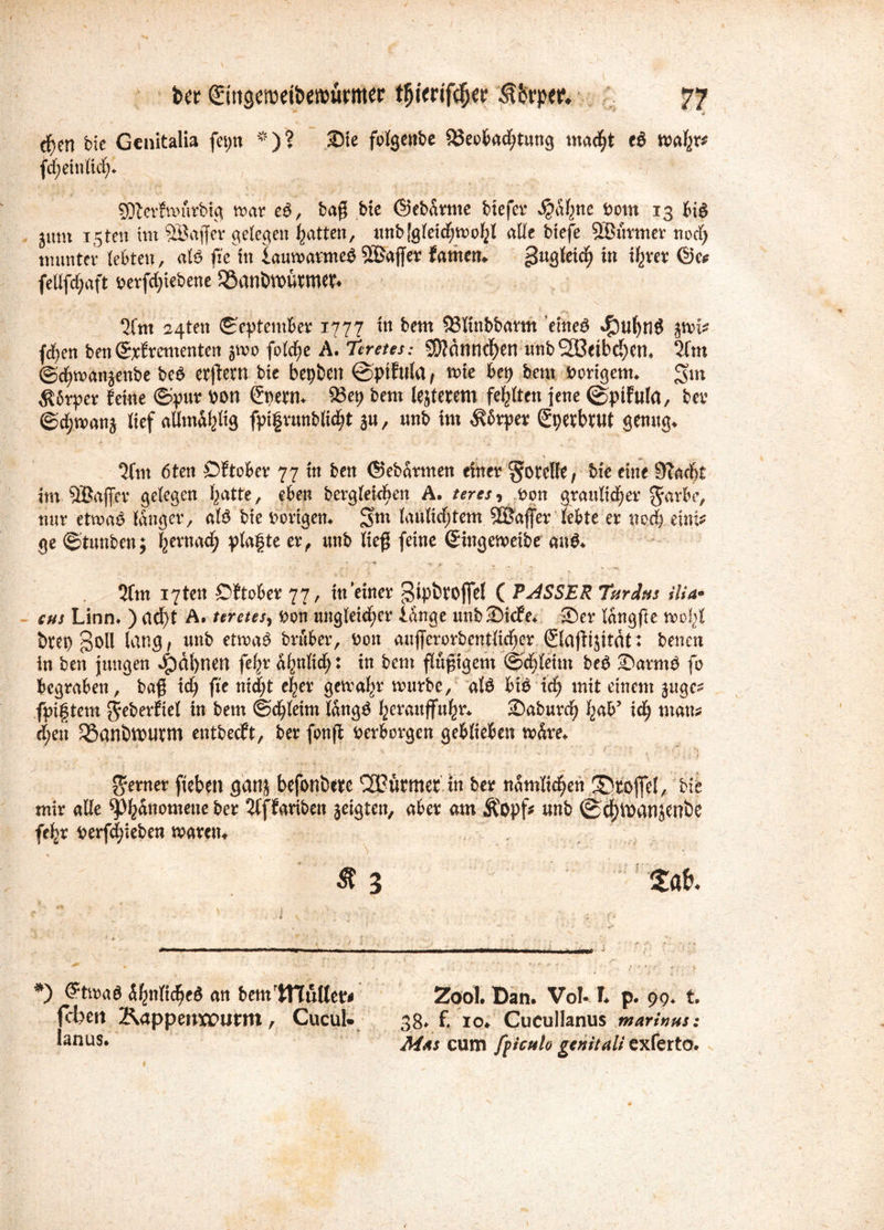 ■0 e^cti fcic Gcnitalia fepn *)? 2)ie folgenbe 5Bec&rtcäf>tung mac^t eb wahr* SDlerfnntrbig war eö, baß Me ©ebartne biefer Jjdbne »om 13 bib jum i.5ten im 5Bajfcr gelegen Ratten, «nbfgleicfywofjl alle biefe SBitrmer nocf) tmtnter lebten, als fie in fauwarmeb 2ßajfer fattten. g«gleidf> itt %er Qjce fetlfrf;aft »erfd)iebene SöantWUtm«. 5Cm 24tett ©eptentber 1777 in bettt 93linbbarm ’eineö >£)u()nd fdjen ben ©cfreutenten jrno feiere A. TeretesSD?ännd)en «nb 2ßeibcl)ctt. 2fm ©rftmattjenbe beb ctflerti bie bereit ©ptftllil, tote bet) bem »origem. ^tn Körper feine ©pur »ott (Snern. $et> bem tcjferem festen jene ©ptfufa, ber <gd£>wanj lief aÜmdfelig fpifrunblidjt 3«, «nb im Körper ßpetbtut genug. “Jim öten Öftober 77 in ben ©ebdrmen einer ^otclle, bie eine 9?acl>t int ^Baffer gelegen l)atte, eben bergleicjjen A. teres, t>on graulief) er $arbe, mir etwad langer, alö bie »origen. laulidjtem SÜßaffer lebte er tted) eint# ge ©tunben; berttad; plagte er, «nb ließ feine (Singeweibe an». 2fm i7tett ©ftober 77, in einer $ipb?oj]e! ( PASSER Tsträus Hia- cus Linn. ) ad)t A. teretes, fcon ungleicher lange unb©fcfe* ©er langjk n>ül£d brep Idtig, unb trüber, aon auffcrorbentlidjer ©afftjitdt: benen in ben jungen Jjbdfynert fef?r ähnlich: in bem flüggem (§>dileim btß ©arm$ fo begraben, bafS id) fie nid;t e|er geirafjr mürbe, alö biß xd) mit einem ^ngc? fpiftem $eberfiel in bem @d)Ieim Tattgö i2erauffu^r* ©aburd) l^ab’ id; man? d;eu 33anött>utm entbeeft, ber fanfl verborgen geblieben mdre* 1 ■ '7' '•  , : • t . ' . t : , .7 '» ferner fiebeit gatlj befonbtre 20ütmet in ber namlidjett Stoffel, bie mir alle (pfcdnomeue ber 5tffariben jeigten, aber am Äopf* «nb 0cf>l»anjenöe feljr »erfd)ieben waren. ß 3 lat *) ©trnaö dbnlicbeö an bemWulter« Zool. Dan. Vol- T. p. 99. t. fcbeit KappettXüttrm, Cucul* 38. f. 10. Cucullanus marinus: ^anus* Mm cum fpeulo genitali exferto.