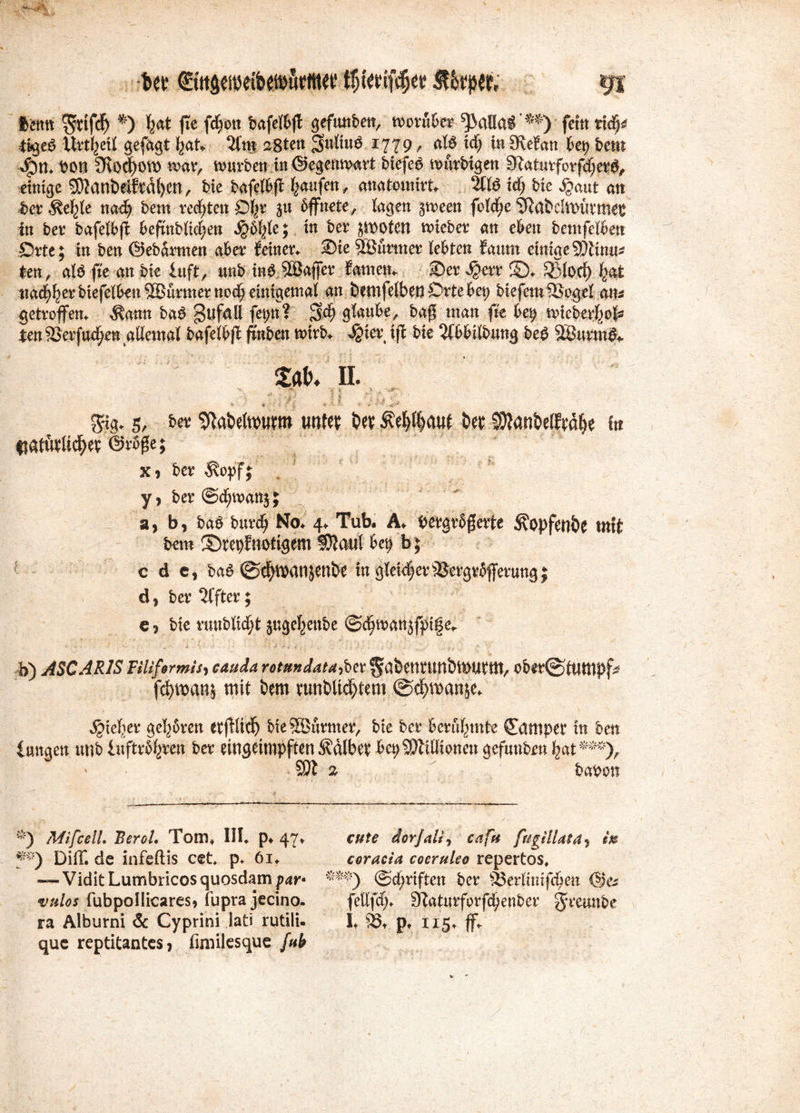 ftctttt %xW *) &<*$ f^e fäjoix bafel&fl gefunben, worüber ^)alla$'^) fctn tid;^ tigeS Urteil gefügt fyatv Qt'm s8tcn 3Mm$ *779 r <*& in 9ie?att bet) bem *£m* bon 9iocf)OW war, mürben in ©egenwart btefep wurbtgen 9iaturforfd;er#, einige 9)?anbeiftäl)cn, t>ie bafel&fl Raufen, anatomirt* ‘Ittö xd) bie tyaut an ber $e^le nad; bem redeten 0|r ju öffnete, lagen gween fotd^e SRabelmurmet in ber bafelbß befmblid;en $6fyle; in ber jwoten lieber an eben bentfelöen Orte 5 in ben ©ebarmen aber feiner* 2)ie SÖütmer lebten faurn einige SÄtnu* ten, al$ fte an bie luft, unb in£ Söaffer farnen* 2)er $err ©♦ 33lorf) £afc tta^er btefelben SBurmer nod) einigemal an bemfelben Orte bet; biefemSSogel atu getroffen* $ann ba£ Zufall fet;n? 3>d) glaube, baß man fte bet) micberf;o{s ten SSerfudjen allemal bafelbß frnben wirb* $ier iß bie 2(bbilbnng be$ 2Burm& m il $ 9. ^ . *SP : * •/; -1 j ' si • ... ' -v 4 v r c * •*• 5 * * * *** $g* 5, bw SfaÄetawt» twfet ber bet SSÄanbelfräije in fiatutUd^ev ©röße; X) ber ^opf; y * ber ©djmanj; a, b, baö burd; No* 4* Tub. A* vergrößerte Äopfenbe mit bem JOrepfnotigem SÄauf bep b j c d e, baS ©cfjmanjenbe in gleitet SJergröflerungj d * ber 2ffter; e ? bie runblid;t juge^ettbe @d)manjfpi§e* b) ASCARIS Filiformis, rW* rotmdataMt ^abenrunbftHttffl, ofeer©tUmpf* fcf>tx>ans mit bem tunbltdjtem ©djwanje* lieber gehören etjHicfj bieSBurmer, bie ber berühmte Camper in ben langen unb luftr%en ber eingeimpften halber bepSÄittionen gefunben fcat***), ^ SÄ % baboti Mifcelt. ReroL Tom* III* p* 47* cute dorjali^ cafa fugillatä5 in f*) DifT. de infeftis cet* p* 61* ceracia coeruleo repertos* — ViditLumbricosquosdam jm**- ***) (Schriften ber SJerlurifdjen ©e* vulos fubpoliicares, fupra jecino. fellfd;* SZaturforfdjenber ^reunbe ra Alburni & Cyprini lati rutili- I* 58* p* 1x5* ff* que reptitantes, fimilesque fab