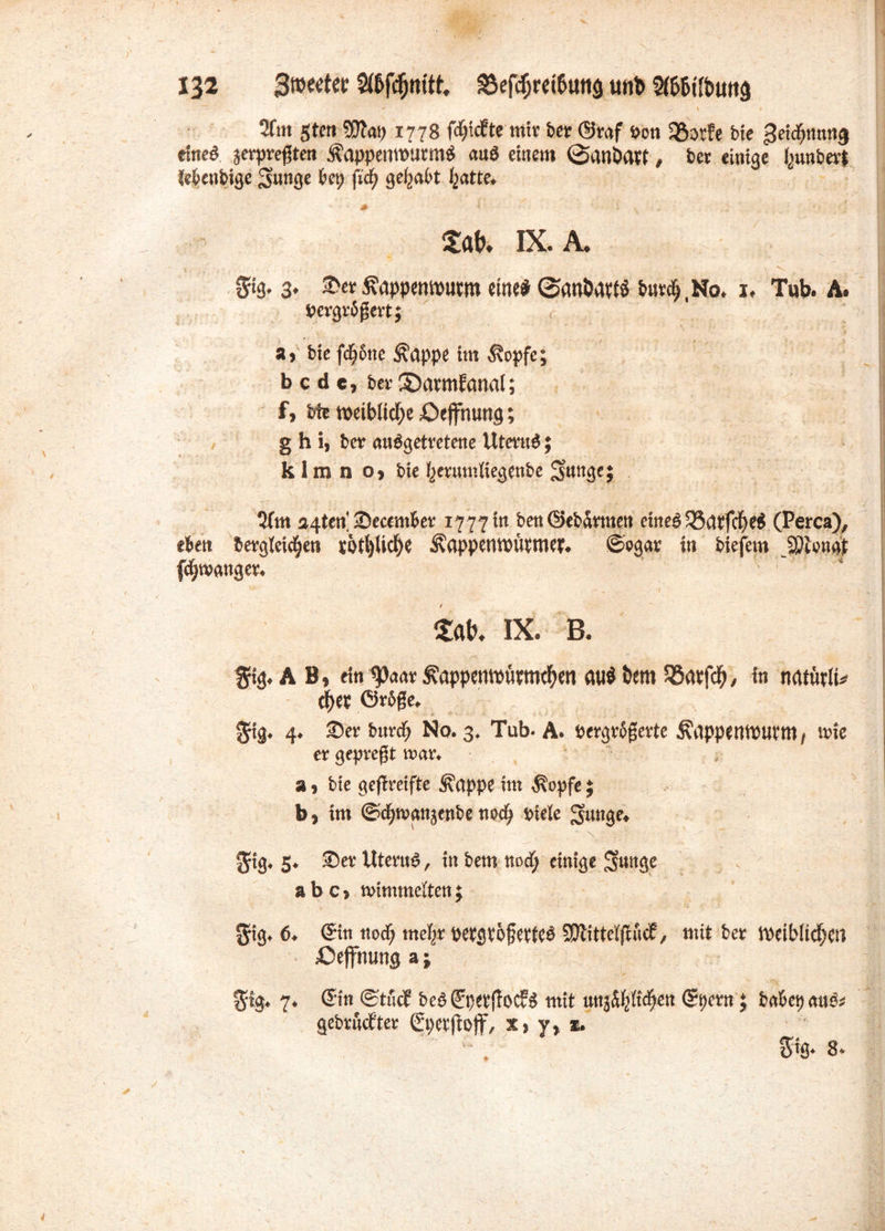 * _ • • • '^ ' ’ ' ^ \ t 2ftn gten S02at> 1778 fcf»icEtc mir bet @raf pon !35otPc bie 3eid;mtng etneö gerprefte« ^oppemPUtmb auö einem BanÖPtt, bet einige t;unbert lebenbige gütige bei; fid) gehabt f;atte. V 9 \ <f 1 * v t'+ m ix. a. . , - V»v gig. 3. Set ßpppemptwn eine* 0ani)avtö butdj.No. 1, Tub. A. pergrJßert; a, bie fdiönc ^pppe im ßopfe; b c d e, bet Satmfanai; f, bie tpeib(id;e £>epung; g h i, bet «abgetretene Utmib; klmn o» bie berumliegenbe ^ungcj Qtm a4ten Secember 1777 in benOebarmen ctneb 55dtfcf)eb (Perca), eben bergteidjen c5tt)Uc^e ÄpppentPÜtmef. (Sogar in biefem JPionnt fdjwanger. I m ix. b. $ig. AB, ein <p««r i?pppempümd)en ppb bem $8atf$ / in nptütiu d)tt Größe. ^tg. 4. Set butdf; No. 3. Tub- A. pergrößerte ÄppperttPUtttt, wie er gepreßt war. a, bie geflreifte ^pppe im $opfe; b, im ®cf>w«njenbe nod? biete Ssunge. gig. 5. Ser UteruS, in bem nod; einige ^lutge abc, wimmeltenj gig, 6. ©in tiocf; tnct;r petgtöfettcö SDiittetfiucf, mit bet tPdbli<f)C!i iOejfiiung a j g-ig. 7. ©in @tucf beö©tKtffoc?$ mit nnjSpdjen ©tjcrn; b«bet)«uö# gebrndter ©petfiojf, x> y, x.