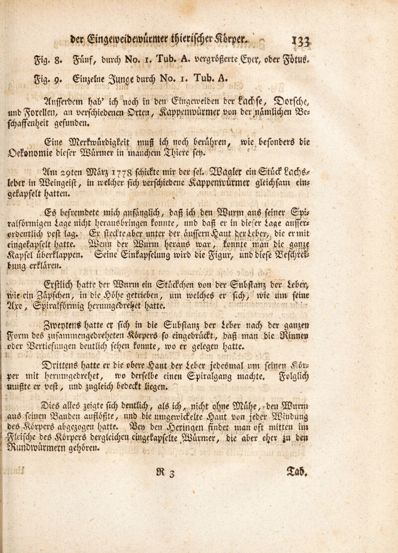 S'3* 8. 5-itnf, burcf» No. 1. Tub. A. s>exgv6geirte ß*wt, ober §otU& $tg* 9. ©tijctne 3unfe fcuvdf» No, x, Tub. A. ‘Jfuffevbcm bat’ td> nod) in feen Cnnaetrdben bet fcuTfc, ©orfcfK, unb Lobelien, an t>etfd)tebcncn £>vtcn, ^dppenibüttlJd: t?on bet .ndtiilidjeti 55cs fc^affenfjdt geftmben. \ • • • *i Vt, Crine SDcerfvoufbigfett muff id) ned; betu|ten, nuebefonbetg bie rOcfonottlie btefer 2Bürmer in manchem !£f6üete fep» 2fm 29tcn 2Dlat$ 1778 fd)icEte mir bet fet SBaglet ein ©tue? £ad}ö^ lebet in SBeingeijt, in aeldjcr ftd; terfeißebene ^appemtütmet gleidjfam ein* gefapfeft pattem gg befrembete tnid; anfattgüd), baß Ü) ben §Q§n$tt.au$ feinet ©pk ralfbtmigen fagenid;t !,)eraugbrmgen fonnte, unb baß et in biefer läge außer* orbentdd) teß lag* ©tpeefteabet nutet bet dujfern^aut bet lebet,, bie et mit eingeEapfelt (mtte* ÖpeiiU bet 5Burm |em# n>ar, fonnte man bie ganjf Zapfet uberflappen* ©eine SinEapfelung nnrb bie gigur,, unb biefe 93efd;te& bung erftöten* gtfUid) ^atte bet 9®ttrm ein ©tncfd;en *>on bet ©ubß:an$ bet lebet, ! line ein 3npfd?en, in bie getrieben, um meld^eg et ßd;7 \vk mn feine %%z , ©piralformig ^erumgebre|et l^atte* ^Voepten^ ^>atte et ftd; in bie ©ubßanj bet lebet und; bet ganjett $0tm beg ^ufmnmcngebre^eten Äbrperg fo eingcbrucEt, baß man bie Spinnen ober SSertiefrmgen beutlid; feigen fonnte, too et gelegen Igatte- iSDrittenS featte et bie obere $aut bet lebet jebegmal um feinen #»or* ( per mit berumgebte^et, ao berfelbe einen ©piralgang machte, gelglid; l mußte et te|f, unb ^ngleid; bebecEt liegen* Sieg alleg geigte ftd; beutlid), alg id), nid;t ofjne SDifi^e, »ben fBttmt : au £ feinen 83anben anßbßte, unb bie umgenudfelte $aut bon jebet SBinbtmg beg ^vbtpetg abgewogen (mtte* $8ep ben getingen finbet man oft mitten im $dci(d)e beg $btpetg bergteid;cn eingeEapfelte jS&utmer, bie aber eljer jn ben fKunbautmetn gelten-