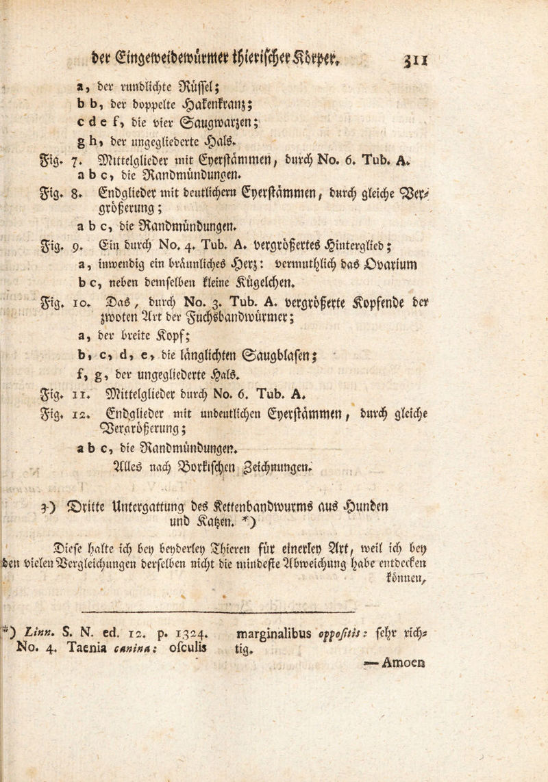 y frer tfyw tf<$« §h?0, 31x a, bet tnnblicfyte Ottifjei; b b, bet; hoppelte ^öfcnfwttj; c d e f, bie tter @CtH0W(U'|en; g h > bet ungeglieberte f$ig. 7. SDhttelgitebet mit (Spetfictniniet), bittet; No. 6, Tub. A» abci bie 3iant>mütiöunocn. S‘i3* 8* SnbglteÖep mit beutliijera Cpetjldmtnen, bittet; gleiche gtoflmmg; a b c, bte StanbmvmtMngm. Jitj. 9. ©in bitvcf» No. 4. Tub. A, PetgtojjetteS ^intergt'teb; a, intvettbig ein br5itnlict;eö >£)et$: ternuiti^id; betö jOpantitt) b c, neben b entfetten Weine Äügeldfett. gig. 10. , bittet; No. 3. Tub. A. pergppfeptt ^opfenbe bet? jmoten 2frt bet §tt$«bantm>ütmet; a, bet breite Äopf; b. c, d, e» bie längsten ©augb(gfett| * f, g, bet ungegtieberte $aB. 5‘ig. 11. SOfitfelgltebet burct; No. 6. Tub. A. $ig, 12. €nt>giiet>er mit unbeutlief;en ©petftdttttWn , bittet; gteic^e SBeratofjetting; a b c, bie SKanfcmiuitmnget?. 3UIeP netd; 53ctftfci)crt getebtumgett. I. •: V; * ; \ . i - .O ©ritte Untergattung bes fetfenbaniwurms auö $unben unb Äafjem *) £)iefe tiafte xd) be\) bewertet) S^terett für einerlei) 2(rt/ weit icfj he\) ben mieten ^ergteu^ungen berfetben trnfjt bie nritibefle 2f&n>eicf)ung fyahe entbcefert fSmmt, ) Ltnn» $. N. cd. 12* p. 1324* No. 4* Taenia cminns ofeulis marginalibus offoßtis: fz\t ndja tfa. — Amoea