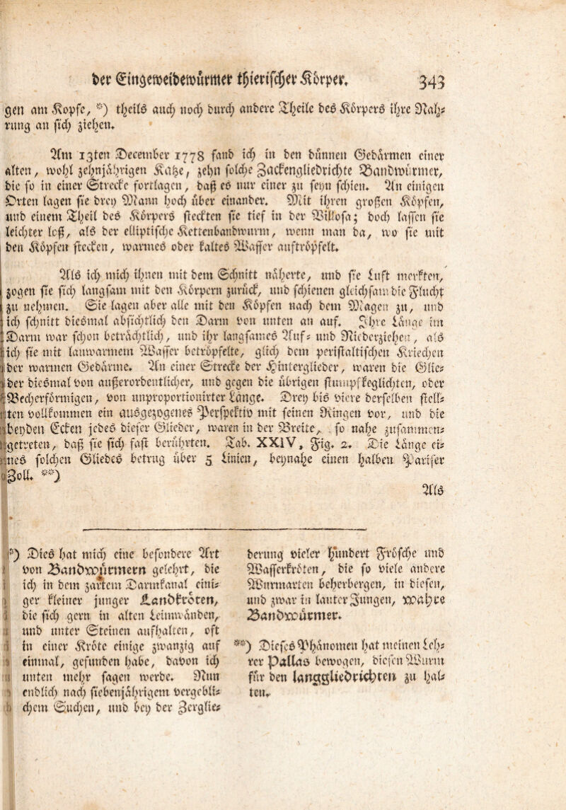 t»ec (Etttaeraetbefoürmer 545 gct) am ^opfe, *) tf>ettö aucfi tiocfy bttref; anfeew Streite beöix&rperS i(>rc 9ui|i rung an fid; sieben* 2ltu igten Seeerober 1778 fanb xd) in bett bannen ©ebdrmen einer alten, wofei jtfcnjifcrigen Äafce, jet>n fold^e gacfenglieönd)fe ^anfcttniraet, bie fo in einer ©treef c fortlagen, baß ed nur einer 31t fepn festem 2tn einigen •Orten lagen fxe brep SJJann bod) über einanber* 9Jiit ihren großen köpfen, unb einem S£l^erl bc£ Körper 0 freccten fie tief in ber SSiWofa; bod) laßen fie leichter Icß, a.B ber elliptifd;c $ettenbanbwurm, trenn man ba, wo fie mit ben köpfen fteepen, warntet ober faltet 5Bafler anftröpfelt* 2113 ich mid; ihnen mit bem ©cf;nitt näherte, unb fie in ft weiften, j jogen fte fId) langfam mit ben Körpern jnrfidP, unb fd^ienen gleid;fambteglud;t i gu neunten* ©ie-lagen aber alle mit ben Hopfen nad; betn Klagen 51t, unb 1 xd) feßnitt bteomal abfid;tlid? ben Samt ben unten an auf fbie lange im fSarm mar fd)on beträchtlich, unb i\}X langfatneo 2fuf* unb Scicbcrgfebca^ al3 rid; fie mit lauwarmem SBaffer betröpfelte, gltd) bem perifaltifdpen Äried;ett } ber mannen ©e barme* 2ltt einer ©treefe ber Jjinterglieber, waren bie ©Ke? t ber bie3ntalbon außerorbentlid;cr, unb gegen bie übrigen flmnpffeglid;ten, ober ^^Becherförmigen, bon unproportionirter lange* Srep bid biere berfelbett feil? |tcn bollfommen ein auogejogenes ^erfpeftib mit feinen Düngen bor, unb bie n.bepben €cfen jebe3 biefer ©lieber, waren in ber SBrette,, fo nahe gufammen* Jgetreten, baß fie fidj faji berührten* Sab* XXIV, $ig* 2* Sie lange et* :nc6 folgen ©liebet betrug über 5 innen, bepnahe einen falben f-arifer ögolf **} t:) Sied bat mict) eine befonbere 2frt bon 2$anbw\mnun gelehrt, bie xd) in betn jartem Sarmfanal eint* ger Eieiner junger £anöfrcten, bie fid) gern in alten ieimmdnben, unb unter ©teilten aufhalten, oft in einer $röte einige jmangtg auf einmal, gefunden habe, babon xd) unten meltr fagen werbe* 9tun enbltd) nach fiebenjdbrigem bcrgcblf* d;etn ©udjen, unb bep ber £krgli& bentng bteler If/unbert 5vröfd)e unb 5SafferEröten, bie fo biete anbere SBurmartcn beherbergen, in biefen, unb $war in lauter jungen, xpaljre 3<xn&wmtmt+ Stefeö Phänomen bat meinen leb* rer pallab bewogen, biefen SÖunn für ben langglieörkfeten ju fyxb UMr < t)