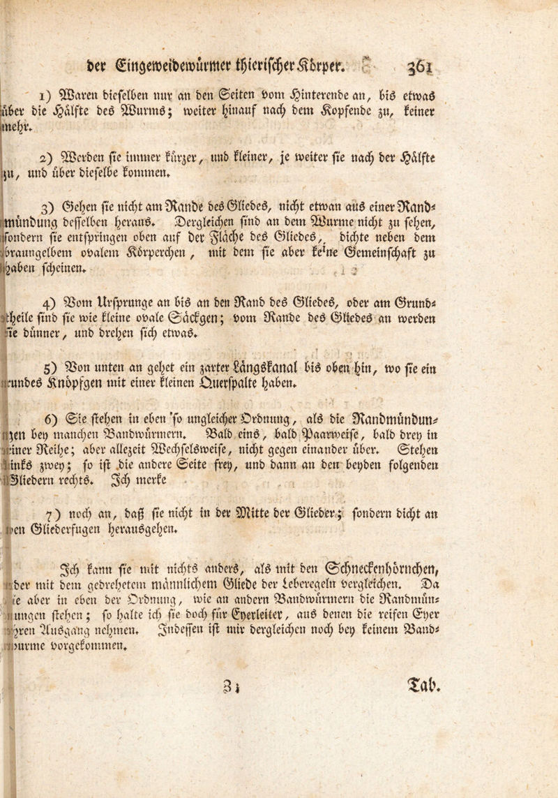 i) SBatett biefetben nur an ben ©eiten Dom ^interenbe an,, bia etmaa iubet Me dgdlfte bea SBurma; weiter hinauf nacft bem ^opfenbe $u, feinet ine^tv a) SBerben fte immer f urjer, tutb Keiner, je weiter fte nad; bet JjjdJfte iju, unb übet biefetbe Sommern 3) ©efyen fte ttidjt am SHanbe bea ©fiebea, nidtt etrnan aua einet £Rdnb* itmünbtmg beffeKben {jetauS* Sergfeidjen ftnb an bem SBurmenidjt ju felgen, fonbetn fte entfpringen oben auf bet §ldd;e bea ©liebet,, biente neben bem y&raungetbem obalem ^\6rpetd;ett, mit bem fte abet felne ©emetnfd;aft $u i^aben fd;einem , 1 : 4) ®om Urfprunge an bia an bett 3?anb bea ©tiebea, obet am ©rttnb* zweite ftnb fte wie Keine ot>ate ©defgen; bom Staube bea ©ttebea an tvetben sie bannet, unb breiten ftd; etmaa* ■ ' -- . i \ j X* Mk- 5) 3$on unten an geltet ein harter €dngöfanat bia oben|mt, mo fte ein tmnbea Änopfgen mit einet Steinen ö.uetfpalte ^abem 6) ©ie fielen in eben *fb ungleicher Örbnuttg, ata bie ÜutnbmünbutV i)tn bep mand;ett SBanbmutmertn 93alb eina, batb ^3aatmeife, batb btep in rittet Oleine; abet allezeit ®ed;felameife, nidjt gegen einanbet übet* ©teilen Hnfa jmep; fo ijf bie anbete ©eite ftep, unb bann an ben bepben folgenden ©liebern red;ta* 5$ merfe 7) ttod) an, bafS fte nid)t in bet SPtitte bet ©lieber; fonbetn bi$t an nett ©tiebetfugen ^etauage^etn ^dj Samt fte mit niebta mtbera, ala mit bett @c^necfcn()6tnd^ettr bet mit beut gebreitetem nidnttltd)em ©liebe bet lebctegeltt i>ergleid)em Sa ne abet in eben ber örbnung, rote an anbetn 23anbrourmern bie 9\anbntum uttgen fielen ; fo batte xd) fte bod; für ©yetleitct, atta betten bie reifen ©per ;rcn mittag au g nehmen, ^ttbeffett ifi mit bergleid;cn ttod; bei; feinem 83anb* j >utme ttorgefomnten«.