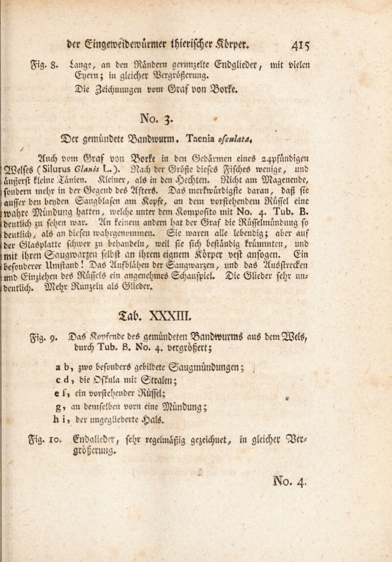 $ig. 8* lange, an ben fKanfccni geringelte (Snfcgltefeer t mit bieten @t;ern; tu gleichet 93ergrß$ernng. 2Die ^eicfymmgen t>m @raf DOH 33$tfe* No* 3. - * *• $ - • ©er gmustifeefe $®gnfe»ttrtti« Taenia ofculata, J 3fud> Dem @taf Don SBorFe in ben ©eb&rmen eiltet a4pfimbig.en £Fßeffe$ (Silurus Clanis L.). 3Zad) ber @r5$e bfefc^ gifdjeb wenige, unb dufSerjl Keine Kantern kleiner, alb in ben Jpeci)ten, Seiest am SPtagenenbe, fonbern mef^r in ber ©egenb be$ 2ffter$, SaD merfwurbigffe baran, bag fie auffer ben Bepben ©angBtafcn am $opfe, an bem Dorfte^enbem £Rüfiel eine n>at>re fDKtnbung Ratten, welche unter bem ^vompoftto mit No. 4. Tub. B. bentltd; 511 feiert war. 2Cn feinem anbern bat ber ©raf bie SRuffelmunbung fo beutiid)/ al$ an btefen wa^rgenommem ©ie waren alle leBenbig; aber auf ber ©tabplatte ferner ju Bebattbeln, weil fie fiel) Befldnbig frummten, unb mit il)t4en ©augmatfen felbjl an tfytera eignem Äotpee Dejt anfogen. ©n Befonberer Umftanb! S)aD 2fuf6tö^en ber ©augwargen, unb baD Stusflredfett unb ©n$iefcen be£ 9tuffel$ ein angenehmes ©d;aufpiel. 2>ie ©lieber fe^r xmt beuttid> SÄeljr SKünjelu alb ©lieber,. m xxxni ■ $ig. 9, 35aS ^bnfenbe beS gemünöcfen 55anlMDWm§ aus bem S33ef$; burdj Tub. ß, No, 4. betgvofert; S . . . • ' .■ ab, |wo BefottberS geBilbete ©augmÜnblJiigen; j cd, bie Dffttla- mit ©trafen; e f, ein DorfleBenber Övüjjef; ** V g, an bemfelBen Dorn eine 93lünbting; hi, ber migegüeberte dpalS, 1 ' '* ' * ^' ! tv  ois* io» fnbaltcfeet, feite regelmäßig gcjeWjnet,» in gleicher flr&fmwg* I ;<r • ••“ ' ISSR > *' . x zv- Wo. 4.
