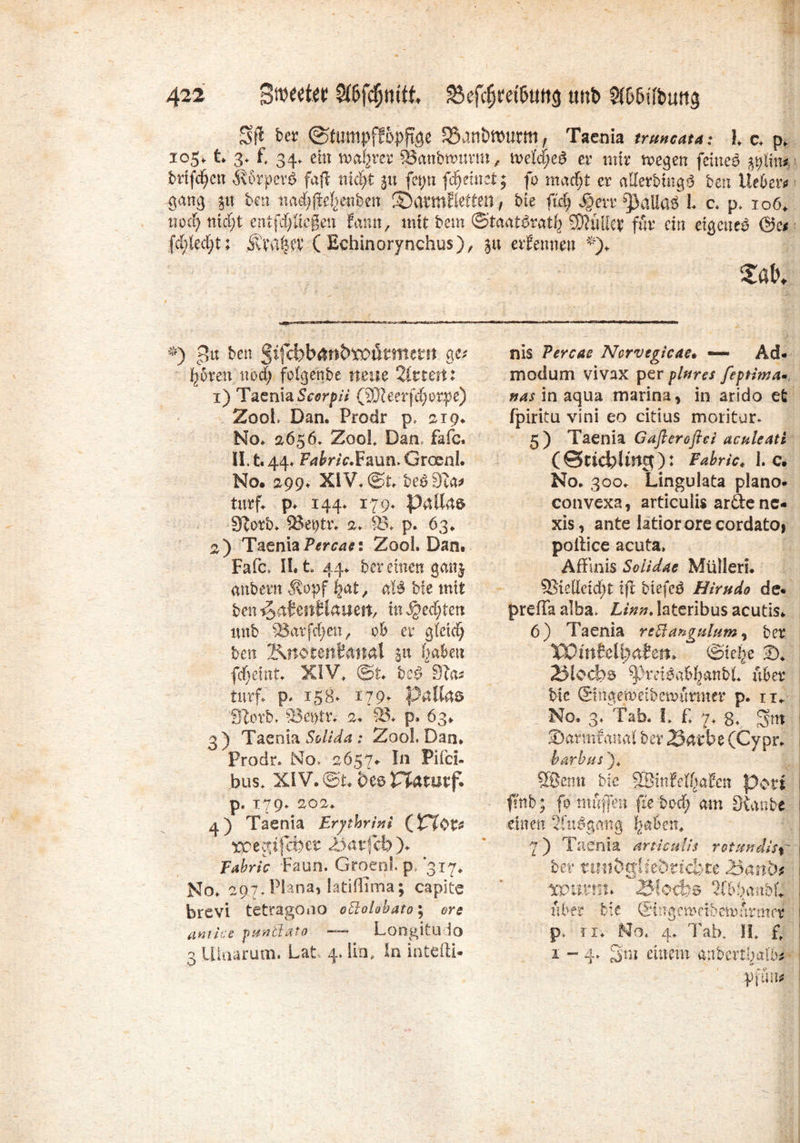 gjl ber ©tumpffopftge ^anömurm, Taenia tremcata: l c. p. 105. t; 3, f. 34, ein wahrer 83atibftnmn, mefdjea er mir megen feinet brtfcfycn S\brper$ faft nicift ju feyn freutet; fo mad;t er aUerbtnga ben lieber«* gang §« ben tmdjfM^enben ©armfletten, bie ftcC; #vr^alla$ 1. c. p. 106. tiocC; ttidjt entfdjliegen Earnt, mit bem ©taatdrat^ 9)HiHet für ein eigene^ @c* fd;ted;t; JvVdfKt ( Echinorynchus), ju er?ernten *). $atv ) gu ben gifcbbändsüömtern ge«* l)6ren nod) folgenbe neue 2(mru 1) Taenia Sc^rp/V (äfteerfifjorpe) Z00L Dan. Prodr p. 219. No. 2656. Z00L Dan. fafc. II. t. 44. Fetbric.Fmn* Groenl. No. 299. XIV. ®t. be^Sta* turf. p. 144. 179. p^Uas 9lorb. 83et;tr. 2. 83. p. 63. 2) Taenia JPercae: Zool. Dan. Fafc. II. t 44. ber einen gattj anbern J\opf fyat, ahS bie mit bexxisahnU&mn, in^ecC;tcn Uttb ^arfd;eti , ob er gCeid; beit Tsnotenfaml £tt Cmbeu fdfjeint. XIV, ©t. be$ Sfa* turf. p. 15g. 179- pallas Stint, 83et>tr. 2. 83. p. 63. 3) Taenia Soli da ; Zool. Dan. Prodr. No> 2657. In Fifci- bus, XIV. ©t. des PTaturf. p. 179. 202. 4) Taenia Erythrini (Pfors treeftfebet 2$at|cb> Tabric Faun. Groenl. p. 317, No. 29.7. Plana, latiflima; capite brevi tetragono oftoUbato; ere (imicz puntläto Longitu io 3 Ulnarutn. Lat 4. lin. In intefti- nis Percae Norvegicae. — Ad« modum vivax per p/*/m feptiwa• nas in aqua tnarina, in arido et fpiritu vini eo citius moritur* 5) Taenia Gafieroflei acute Mi (@tiebltng): Fabric. I. c. No. 300. Lingulata plano- convexa, artieuiis arddenc- xis, ante latiororecordato, poftice acuta. Afflnis Solidac Müllern 93iedetd;t tjl btefeö Hirudo de« preffaalba. L^.lateribusacutis. 6) Taenia reüangulum^ ber i ©te^e 5X ! 23locbs ^Orei^abl^anbl. über bie ©ngemetbemiintter p. n* No, 3. Tab. I. £ 7. 8. gm Sarmfaual ber 2Sarbe (Gy pr. 1 bArhus), Söemt bie TBinMftaEen port i fmb; fo muffen jie bod; am Staube einen 2fu6gatig fabelt. 7 ) Taenia artieuiis rotten dis 1 ber umöghedncbte 25aribs vomriu Äoefos 2fbbanbL I übet bie (Jtngcmcibcmurmcr p, n. No. 4. Tab. SL f, 1 “4» gm einem anbcrtlml'b*- pfun*