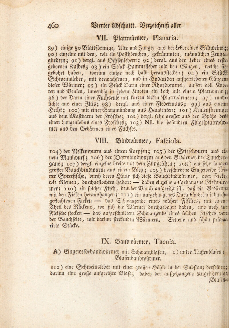 VII. ^(attnntrmetv Planaria. 89) einige 50 blattförmige, 2l(te nnb ^fange, cux$ ber lefrer eitted (©d) wem$ £ 90) einzelne mit freit, wie ein ^ojtijfrrrtcfyen, geErümmten, mann(id)ert gettge* gliedern; 91) bergt aue öd)fenlebeen; 92) bergt au£ ber icfrer eine$ exp gefronten halbes; 93) ein ©>tucE dpammellebet mit ben (Sangen, welche fte gefront f6iafren, worinn einige nod; ba(fr berau^ßecEen; 94) ein @tüc£ <Sd)tt>eM£leber, mit t>erwad)fenen, unb in dSpfrattfren aufgetriefrenen (Sangen biefer SBarmer; 95) ein ©>tucE Samt einer 3Rl)orbomme(, außen Doll Äno? ten unb 95eulen, tttwenbig in }cbem Änoteit ein lodfj mit einem ^Hattwurm;; 96) ber Darm einer §ud>$eule mit Eurjen btcEen ^piattwurmern; 97) raub* lichte auö einer 98.) bergt aufr einer §leDermatl$; 99) au& einem Sjtfyt; 100) mit einer ©augmünbung au£ J£)au$enten; 101) keulenförmige. au6 bem 9K aßbarm ber §t6fcl)e; 102) bergt fefrr großer au$ ber ©pife be& einen lungentofruö etne£ §rofd)e$; 103) Nß. bie frefonbern §lüge(piatttbU^ i tuet au$ ben (Sebarmen eiltet §udjfe$. VIII. Sötnfcwörmer, Fafdola. 104) ber SWfentoutm au# einem Karpfen; 105) ber ©tiefelrourtn au# et nem Maulwurf; 106) ber ©armbmöttmrm au#.ben (Sebarmen ber ^auä)^ | ganfr; 107) bergt einzelne Breite mit bem güngeld)en ; 108) ein fcfrr langem großer $8aud)bin&ft)untl au# einem 3Met>; 109) berfdßebene Singeweibe Eiet ner @preeßfd)e, burdj bereit $aute ftd) biefe ^aucptnbwurmcr, ober Juefe, wte Stiemen, burdjgeßocfrten fyafren: — bafrep einzelne aufgeltangene f^iefmte 1 tner; 110) ein fold;er §ifd), bem ber S3aud; aitfgerift tß, baß bie ©ebarute mit ben 5*ieEen berau#l^angett; m) ein aufgeftattgene#3)armfrmtbelini'tburdjrs 1 geflodßenen fielen — bat* ©djwanjenfre einer? foldwit §ifd)e#; mit einem Sit ei ( be# StucEen#, wo fid) bie SBurmer burd^gefro^rt fyafrett, unb ttocl) im Jdeifdje ßecEen — ba# anfgefdfjnittene ©djwainenbe eine# feieren §ifd)e# fron ber 2?aucfrfette, mit bar mit ßecEenbeit SBurutenu ©eltene unb fcfrön prapa* rirte ©tücEe. IX. 33anbttntrmer, Taenia, A) ©n g e it> e tb e b u n broüxnter mit ©d^wan^frlgfen, 1) unter 3fußenfr(afen; ®lafenbanömümter. 212) eine (©c|il)em#(Teber mit einer großen in ber ©ufrßang frerfelfrett; frarüm eine große aufgerifte 23(afc; bafrep ber aufgefrangene Kugelförmige Olafen*