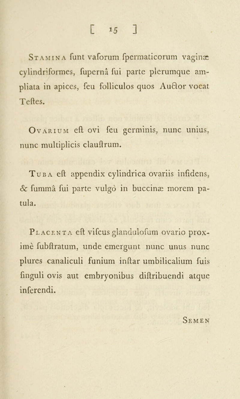 Stamina funt vaforum fpermaticorum vaginæ cylindriformes, fuperna fui parte plerumque am- pliata in apices, feu folliculos quos Auftor vocat Teftes. O VARIUM eft ovi feu germinis, nunc unius, nunc multiplicis clauftrum. Tuba eft appendix cylindrica ovariis inftdcns, Sc fummâ fui parte vulgo in buccinæ morem pa- I tula. Placenta eft vifeus glandulofum ovario prox- imè fubftratum, unde emergunt nunc unus nunc plures canaliculi funium inftar umbilicalium fuis finguli ovis aut embryonibus diftribuendi atque inferendi. Semen