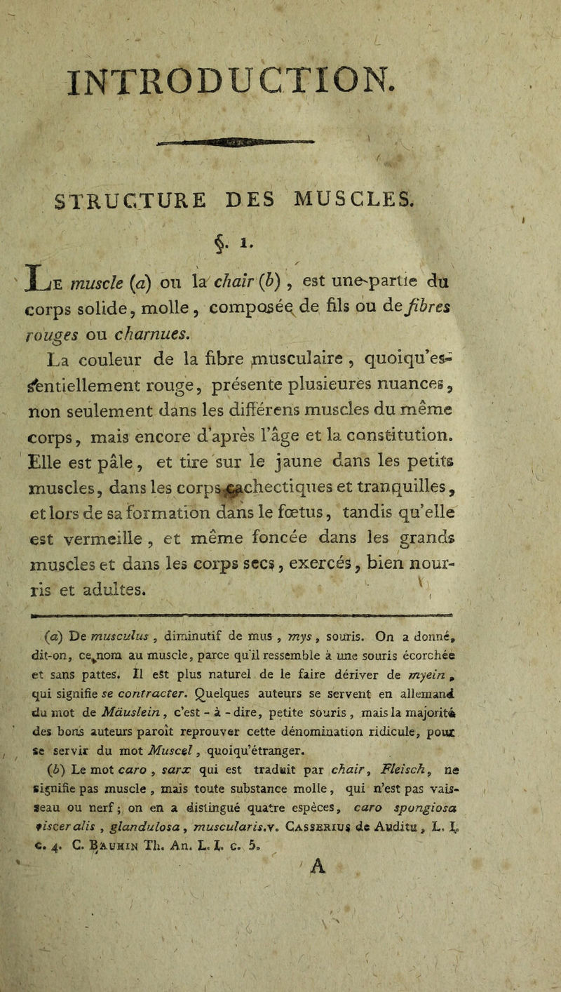 INTRODUCTION. STRUCTURE DES MUSCLES. §• »• Le muscle (a) ou la chair (b) , est une-partie du corps solide, molle, composé^de fils ou defibres rouges ou charnues. La couleur de la fibre ;musculaire , quoiqu’es^ ^entiellement rouge, présente plusieures nuances, non seulement dans les différens muscles du même corps, mais encore d*après l’âge et la constitution. Elle est pâle, et tire sur le jaune dans les petits muscles, dans les corps^chectiques et tranquilles, et lors de sa formation dans le fœtus, tandis quelle est vermeille , et même foncée dans les grands muscles et dans les corps secs, exercés, bien nour- V ris et adultes. (а) De muscuîus , diminutif de mus, mys > souris. On a donné, dit-on, ce^nom au muscle, parce qu'il ressemble à une souris écorchée et sans pattes. Il est plus naturel de le faire dériver de myein , qui signifie se contracter. Quelques auteurs se servent en allemand du mot de Màuslein, c’est - à - dire, petite souris , mais la majorité des bons auteurs paroit reprouver cette dénomination ridicule, poux se servir du mot Muscel, quoiqu’étranger. (б) Le mot caro , sarx qui est traduit par chair, Fleisch, ne signifie pas muscle , mais toute substance molle, qui n’est pas vais- seau ou nerf; on en a distingué quatre espèces, caro spongiosa fisceralis , glandulosa , muscularis.y. Casserius de Auditu , L, I,e c. 4. C. Bauhin Th. An. L. I. c. 5. A