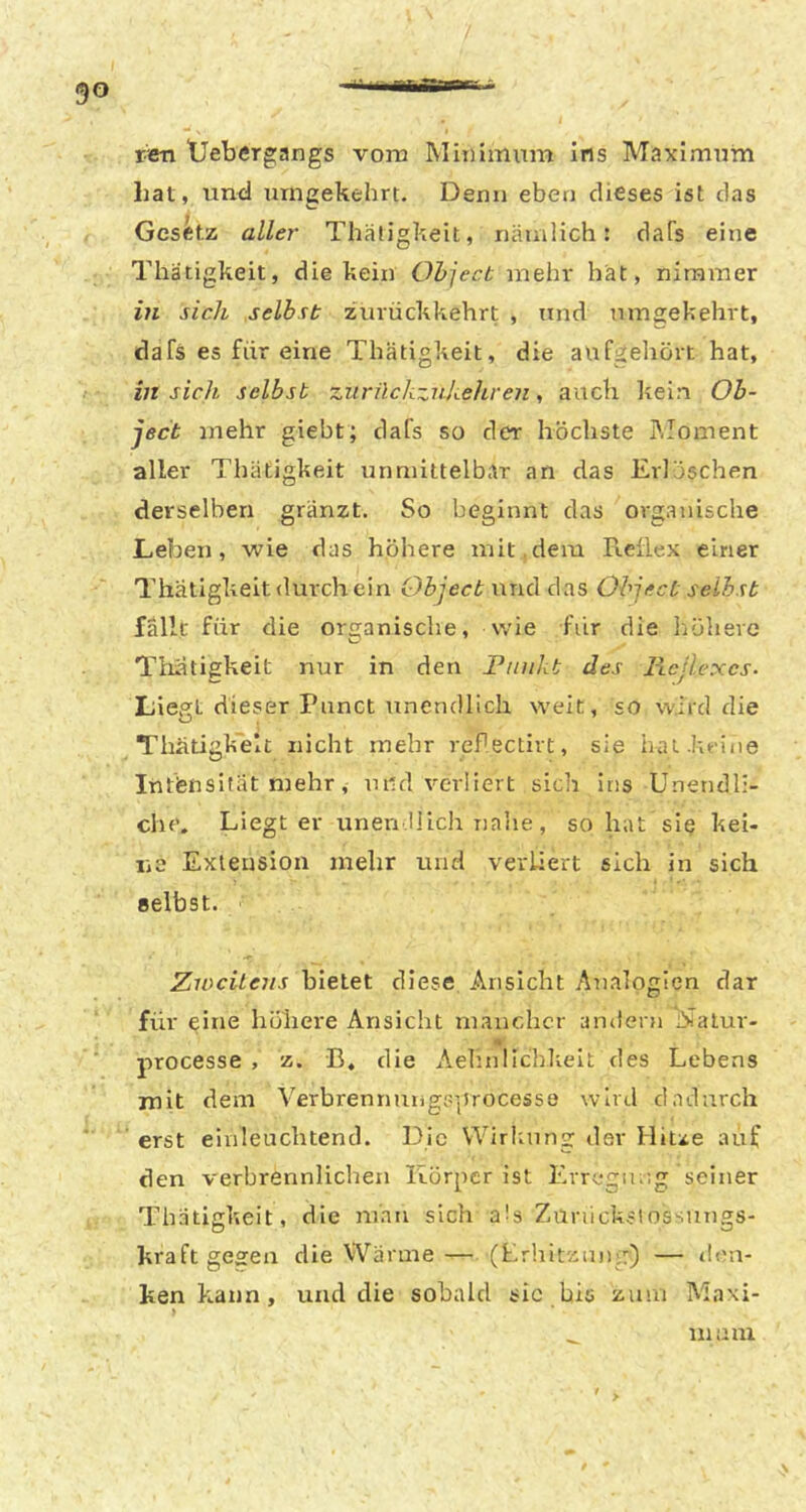 ren tJebergangs vorn Minimum Ins Maximum hat, und umgekehrt. Denn eben dieses ist das Gesetz aller Thäligkeit, nämlich: dafs eine Thätigkeit, die kein Ohject mehr hat, nimmer in sich selbst zurückkehrt , und umgekehrt, dafs es für eine Thätigkeit, die aufgeliört hat, in sielt selbst ziirückznkehren, auch kein Ob- ject mehr giebt; dafs so der höchste IMoment aller Thätigkeit unmittelbar an das Erlöschen derselben gränzt. So beginnt das organische Leben, wie das höhere mit,dem Reüex einer Thätigkeit durch ein unddas Ohject selbst fallt für die organische, wie filr die höhere Thätigkeit nur in den Funkt des liejlexcs. Liegt dieser Pnnct unendlich weit, so wird die Thätigkeit nicht mehr rePectirt, sie hat.keine Ittt'fensifät mehr, und verliert sich ins Unendli- che. Liegt er unendlich nahe, so hat sie kei- ne Exlension mehr und verliert sich in sich selbst. Ziocilens bietet diese Ansicht Analogien dar für eine höhere Ansicht mancher andern büalur- processe , z. B, die Aelmllchlteit des Lebens mit dem Verbrennungv'5|Jrocesse wird dadurch erst einleuchtend. Die VVirlmng der Hiue auf den verbrennlichen Körper ist Erregiu.g seiner Thätigkeit, die ni'au sich a!s Ziirückstossiings- kraft gegen die Wärme— (Erhitzim'r) — dtru- ken kann, und die sobald sic bis zum Maxi- > 111 am