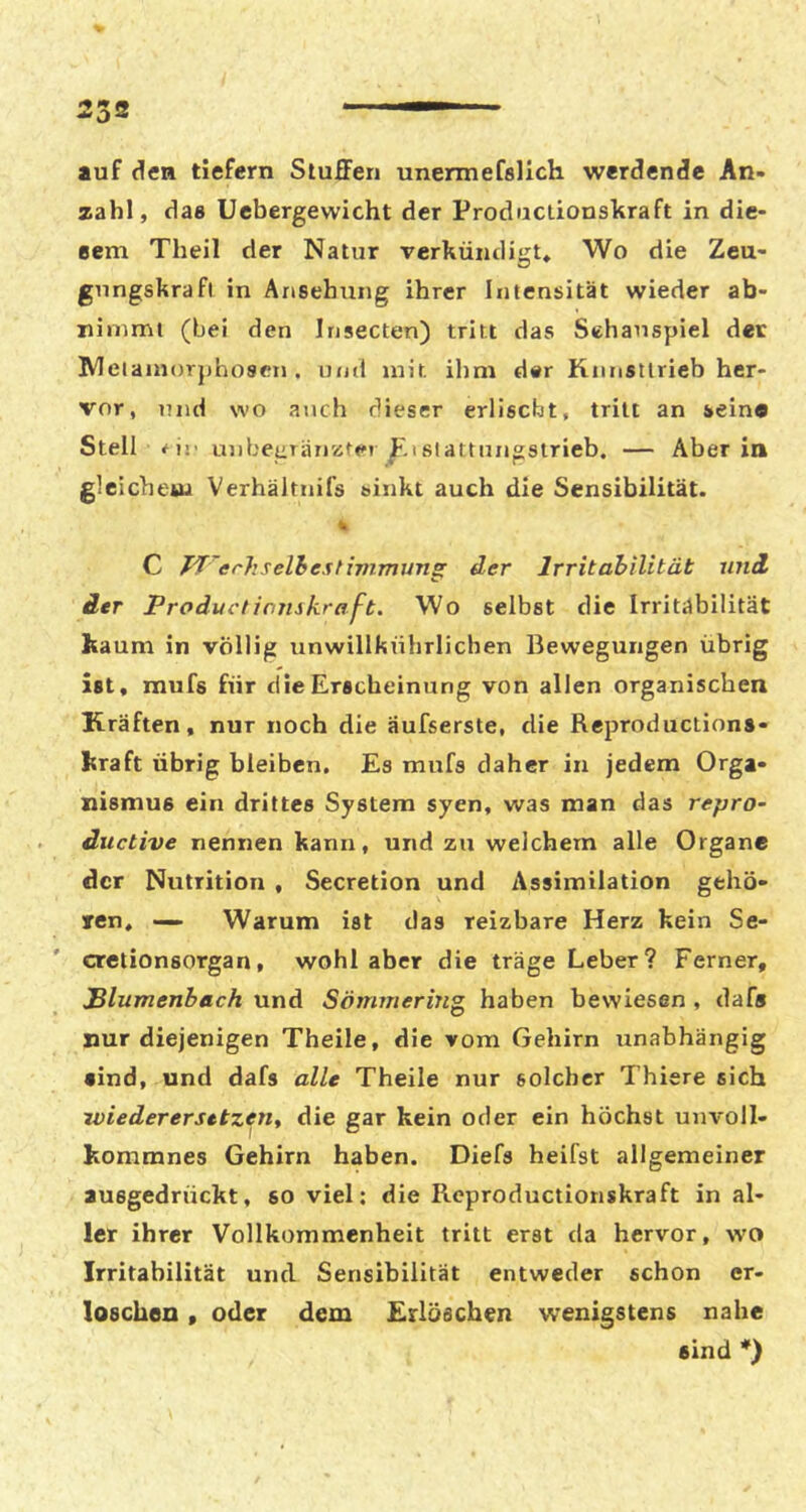 auf den tiefem Stuffen unermefslich werdende An- zahl, da» Uebergewicht der Produclionskraft in dic- eem Theil der Natur rerkündiKt* Wo die Zeu- gnngskrafi in Ansehung ihrer Intensität wieder ab- ninuni (bei den Insecten) tritt das Schauspiel der IVIeianiorphoscn , und mit ihm d«r Kjinsllrieb her- vor, und wo auch dieser erlischt, tritt an sein« Stell uiibegTünzter istattungstrieb. — Aber in gleichem Verhältuifs sinkt auch die Sensibilität. C J^'erhselhestivimung der Irritabilität uni der Productionskraft. Wo selbst die Irritabilität haum in völlig unwillknhrlichen Bewegungen übrig ist, mufs für die Erscheinung von allen organischen Kräften, nur noch die äufserste, die Reproductions- Itraft übrig bleiben. Es mufs daher in jedem Orga- nismus ein drittes System syen, was man das repro- ductive nennen kann, und zu welchem alle Organe der Nutrition , Secretion und Assimilation gehö- ren, — Warum ist das reizbare Herz kein Se- cretionsorgan, wohl aber die träge Leber? Ferner, Plumenhach und Sömmering haben bewiesen , dafs nur diejenigen Theile, die vom Gehirn unabhängig sind, und dafs alle Theile nur solcher Thiere sich rviederersetzetif die gar kein oder ein höchst unvoll- kommnes Gehirn haben. Diefs heifst allgemeiner ausgedrückt, so viel: die Rcproductionskraft in al- ler ihrer Vollkommenheit tritt erst da hervor, wo Irritabilität und Sensibilität entweder schon er- loschen , oder dem Erlöschen wenigstens nahe sind ♦)