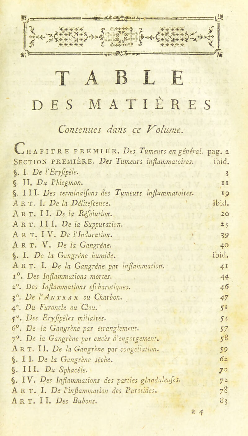 X ■ v •♦i4i>:'+* ^ iî^- /« TABLE DES MATIÈRES Contenues dans ce Volume. C HAPITRE PREMIER. Des Tumeurs en général. Section PPwEMIÈRE. Des Tumeurs inflammatoires. §. I. De rEr)fipèle. §. II. Du Phlegmon, §. III. Des terminaifons des Tumeurs injiammatoires. Art. I. De la Délitefcence. ' A Pv T. 11. De la Réfolution. A R T. 11 I. De la Suppuration. A R T. IV. De ITnàuration. ' Art. V. De la Gangrène. §. I. De la Gangrène humide. Art. I. De la Gangrène par injîammation. 1°. Des Inflammations mortes. 1°. Des Inflammations efcharotiques. De VAntrax ou Charbon. Du Furoncle ou Clou. Des Eryfipèles miliaires. De la Gangrené par étranglement. De la Gangrené par excès d’engorgement. Art. II. De la Gangrène par congelhtion. §. I I. De /fl Gangrène sèche. §, III. Du Sphacèle. §. IV. Des Injlammations des parties glanduleufes. Art. I. De l'inflammation des Parotides. Art. II. Des Bubons. a 4 T 4° r 6° pag. 2 ibid. 3 11 t 19 ibid. 20 39 40 ibid, 41 44 4<5 47 51 54 57 58 59 62 JO 7^ 7B 83
