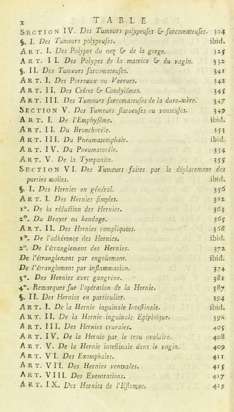 N Section IV. Des Tumeurs polypeufes C/farcomatcufes. 314 §. I. Des Tumeurs polypeufes. ibid. Art. I. Des Polypes du ne^ (y de la gorge. 325 Art. II. Des Polypes de la matrice &- du vagin. 552 §. II. Des Tumeurs farcomateufes. 341 Art. Ï. Des Porreaux ou Verrues. 342 Art. II. Des Crêtes Condylomes. 543; Art. III. Des Tumeurs farcomateufes de la dure-m'ete. 347 Section V. Des Tumeurs Jlatueufes ou venteufes. 347 / Art. I. De rEmphyfême. ibid. Art. II. Du Bronchocèle. 3Tî Art. III. Du Pneumatomphale. ibid. Art. IV. Du Pneumatocèle. '35'4 Art. V. De la Tympanite. 355 Section VI. Des Tumeurs ^faites par le àéplacetnent des parties malles. ibid. §f. I. Des Hernies en général. 3f5 Art. I. Des Hernies /impies. 3^2 I®'.. De la réàuâlion des Hernies. 3^3 ' Du Brayer ou bandage, 3<5y Art. II. Des Hernies compliquées. 3^8 i*. De l’adhérence des Hernies. ibid. a®. De ïétranglement des Hernies. 372 De Pétranglement par engouement. ibid. De L'étranglement par inflammation. 374 5®. Des Hernies avec gangrène. 381 4“'. Remarques fur l'opération de la Hernie. 387 §, IL Des Hernies en particulier. 3P4 Art. I. De la Hernie inguinale Inteflinale. ibid. Art. II. De la Hernie inguinale Epiploïque. 394 Art. III. Des Hernies crurales. 405 A R T. IV. De la Hernie par le trou ovalaire. 408 A R T. V. De la Hernie inteftinale dans le vagin. 409 Art. VI. Des Exomphales. 411 Art. V 11. Des Hernies ventrales. 41^ Art. VIII. Des Eventrations. 417 Art. IX. Des Hernies de l'Eflcmac. 419