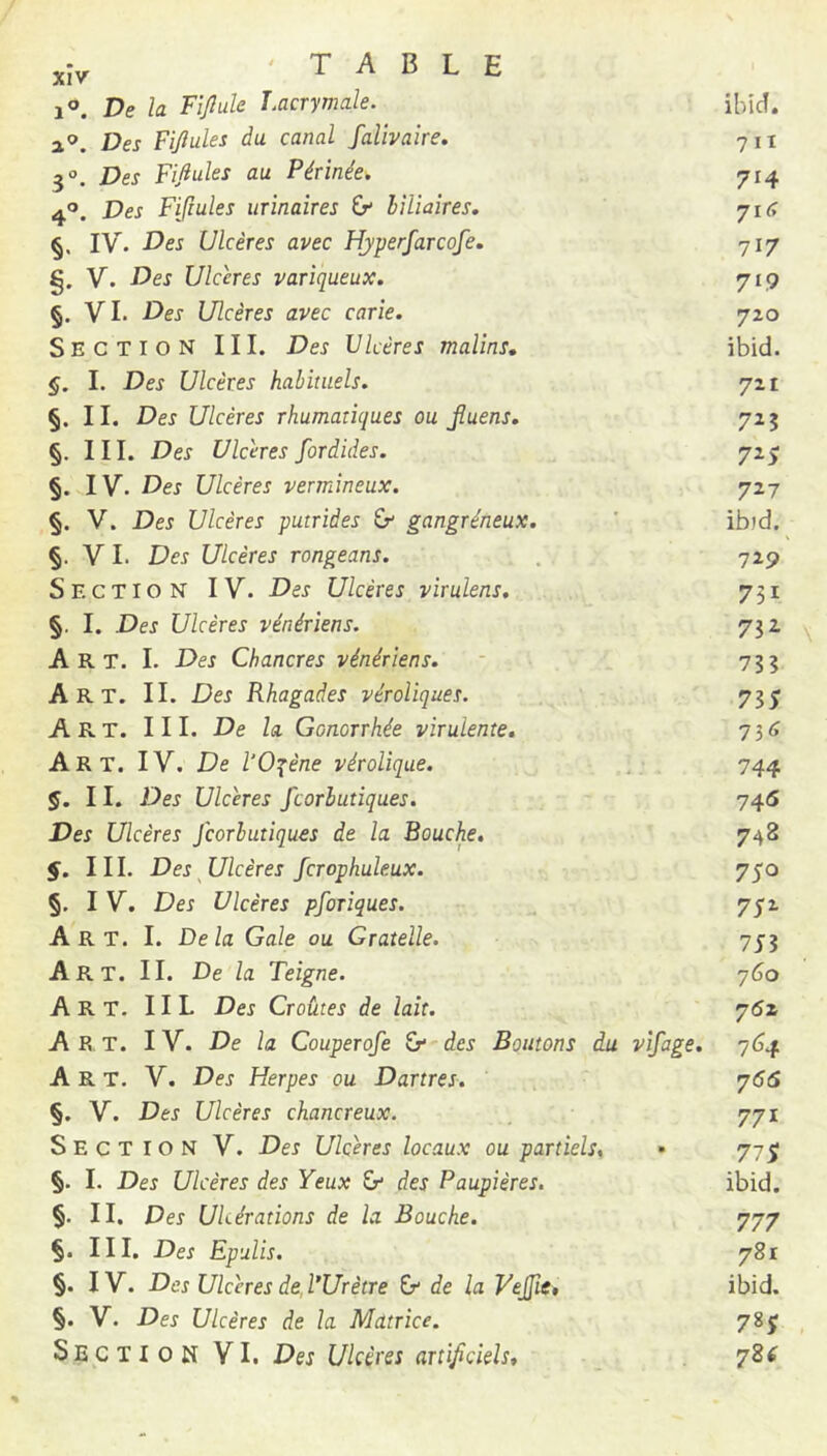 1®. De la Fïjluk Lacrymale. ibid. a®. Des Fiflules du canal falivaîre. 711 3°. Des Fifiules au Périnée, 714 4®. Des Fiflules urinaires biliaires, ysc, IV. Des Ulcères avec Hjperfarcofe. 717 g. V. Des Ulcères variqueux. 719 §. VI. Des Ulcères avec carie. 720 Section III. Des Ulcères malins, ibid. §. I. Des Ulcères habituels. 721 §. II. Des Ulcères rhumaiiques ou jluens. 725 §. III. Des Ulcères fordides. 725 §. IV. Des Ulcères vermineux. 727 §. V. Des Ulcères putrides ù' gangréneux. ' ib)d. §. V I. Des Ulcères rongeans. . 729 Section IV. Des Ulcères virulens. 751 §. I. Des Ulcères vénériens. 73 z Art. I. Des Chancres vénériens. - 735 Art. II. Des Rhagades véroliques. 735 Art. III. De la Gonorrhée virulente, 73^ Art. IV. De l’O^ène vérolique. _ , 744 §. II. Des Ulcères fcorhutiques. 746 Des Ulcères fcorhutiques de la Bouche, 748 $. IIL Des ^Ulcères fcrophuleux. 750 §, IV. Des Ulcères pforiques. „ 752 Art. I. Delà Gale ou Gratelle. 753 Art. II. De la Teigne. 760 Art. IIL Des Croûtes de lait. 762 Art. IV. De la Couperofe ù^des Boutons du vîfage. 764 Art. V. Des Herpes ou Dartres. 766 §. V. Des Ulcères chancreux. 771 Section V. Des Ulcères locaux ou partiels. • 775; §. I. Des Ulcères des Yeux & des Paupières. ibid. §. II. Des Ulcérations de la Bouche. 777 §. III. Des Epulis. 781 §. IV. Des Ulcères de, l’Urètre Cr* de la Vejfie, ibid. §• V. Des Ulcères de la Matrice. 78j