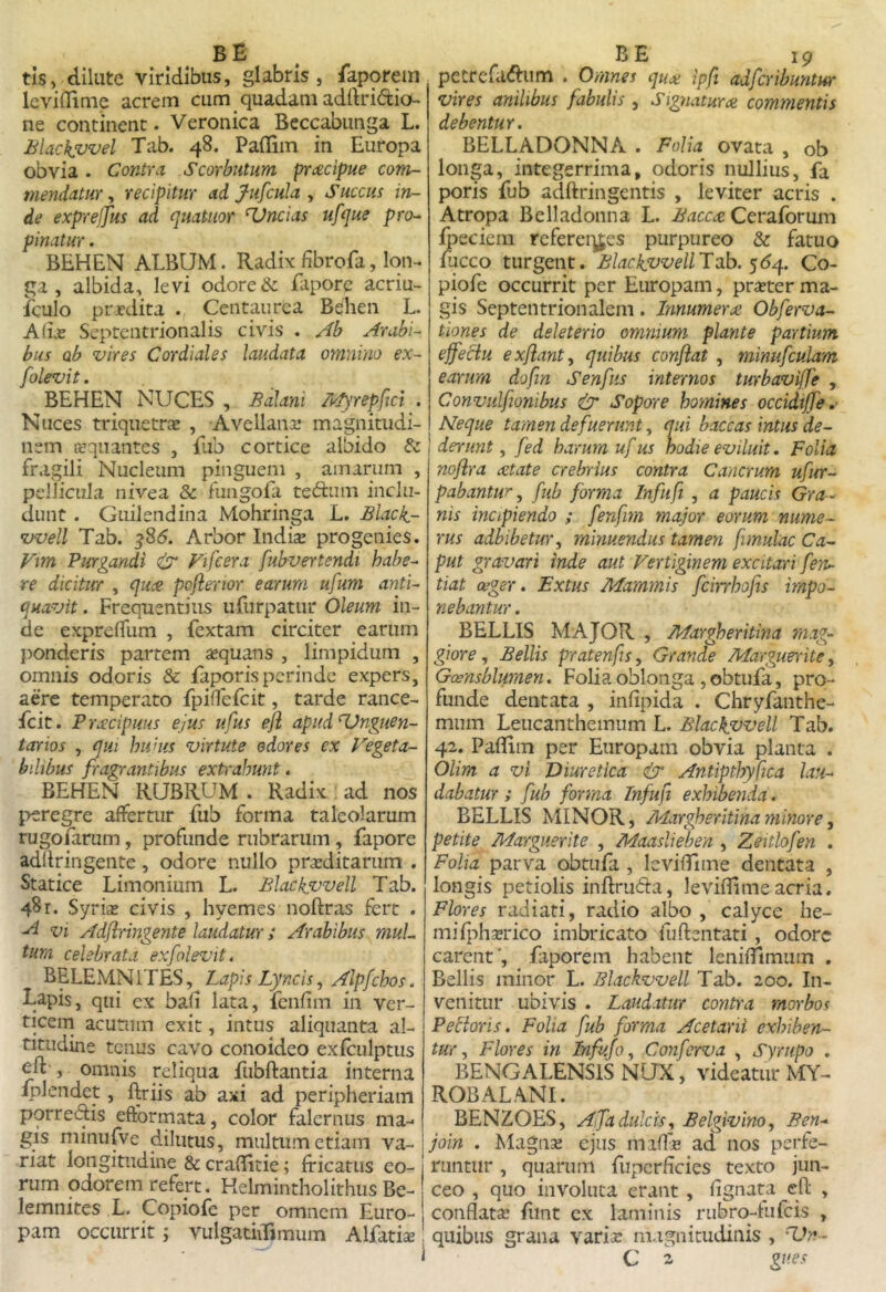 tis, dilute viridibus, glabris, faporein leviflime acrem cum quadam adftridia- ne continent. Veronica Beccabunga L. Bhickjuvel Tab. 48. Pailiin in Europa obvia . Contra Scorbutum prcecipue com- mendatur, recipitur ad Jufcula , Succus in- de exprejfus ad quatuor Uncias ufque pro- pinatur . BEHEN ALBUM. Radix fibrofa, Iqn^ ga , albida, levi odoret fapore acriu- iculo prrdita . Centaurea Bdhen L. A Re Septentrionalis civis . Ab Arabi- bus ab vires Cardiales laudata omnino ex- folevit. BEHEN NUCES , Balani /l<fyrepftci . Nuces triquetra , Avellana: magnitudi- nem lEqiiantes , fub cortice albido & fragili Nucleum pinguem , amarum , pellicula nivea & fiingofa teftum inclu- dunt . Guilendina Mohringa L. Blacks- vvell Tab. ^85. Arbor Indi^ progenies. Fm Purgandi & Fifcera fubvertendi habe- re diciturr , qui2 pojlertor earum ufum anti- quavit . Frequentius ufurpatur Oleum in- de exprelfum , fextam circiter earum ponderis partem aequans , limpidum , omnis odoris & faporisperinde expers, aere temperato fpilfefcit, tarde rance- jfeit. Prcecipuus ejus ufus eji apud Unguen- tarios , qui hujus virtute edor es ex Fegeta- bilibus fragrantibus exUahunt. BEHEN RUBRUM . Radix ad nos peregre affertur fub forma taleolarum rugofarum, profunde rubrarum, fapore adTlringente, odore nullo pr<Editarum . Statice Limonium L. Blackjvvell Tab. 481. Syris civis , hyemes noftras fert . vi Adfiringente laudatur; Arabibus rnuL tum celebrata exfolevit. BELEMNiTES, Lapis Lyncis ^ Alpfchos. Lapis, qui ex bafi lata, ienfim in ver- ticem acutum exit, intus aliquanta al- titudine tenus cavo conoideo exiculptus cft , omnis reliqua fiibftantia interna iplendet, ftriis ab axi ad peripheriam porredis eftbrmata, color falernus ma- gis mimifve dilutus, multum etiam va- riat longitudine & craditie; fricatus eo- rum odorem refert. Helmintholithus Be- lemnites L. Copiofr per omnem Euro- pam occurrit j vuIgatiiTimum Alfatis petrefa^um . Omnes qux ipfi adferibuntur vires anilibus fabulis, Signatum commentis debentur. BELLADONNA . Folia ovata , ob longa, integerrima, odoris nullius, fa poris fub adftringentis , leviter acris . Atropa Belladonna L. Bacc£ Ceraforum ^eciem referer^es purpureo & fatuo iucco turgent. Blackvveinab. $6^. Co- piofe occurrit per Europam, prster ma- gis Septentrionalem. Innumerai Obferva- tiones de deleterio omnium piante partium effeciu exjiant^ quibus confiat , minufculam earum dofin Senfus internos turbaviffe , Convulfwnibus & Sopore homines occidtffe,- Neque tamen defuerunt, qui baccas intus de- derunt , fed harum uf us hodie eviluit. Folia no/ira cetate crebrius contra Cancrum ufur- pabantur ^ fub forma Infufi , a paucis Gra - nis incipiendo ; fenfim major eorum nume- rus adbibetur^ minuendus tamen fimulac Ca- put gravari inde aut Fertiginem excitari fen- tiat ager. Extus Mammis fcinhofis impo- nebantur. BELLIS MAJOR , Margheritina mag- glore , Bellis pratenfis, Grande Marguerite, Gcensblumen. Folia oblonga , obtufa, pro- funde dentata , infipida . Chryfanthe- mum Leucanthemum L. Blackvvell Tab. 42. Paflim per Europam obvia planta . Olim a vi Diuretica & Antipthyfica lau- dabatur ; fub forma Infufi exhibenda. BELLIS MINOR, Margheritina minore^ petite Marguerite , Maaslieben , Zeitlofen . Folia parva obtufa , Icviffime dentata , longis petiolis inftriida, leviffimeacria. Flores radiati, radio albo , calyce be- mifjahsrico imbricato fuftentati, odore carent', ^ faporem habent leniffimum . Bellis minor L. Blackvvell Tab. 200. In- venitur ubivis . Laudatur contra morbos Pelioris. Folia fub forma Acetarii exhiben- tur, Flores in Infufo, Conferva , Syriipo . BENGALENSIS NUX, videatur MY- ROBALANI. BENZOES, Alfa dulcis^ Belgivino, Ben- join . Magns ejus maffe ad nos perfe- runtur , quarum fupcrficies texto jun- ceo , quo involuta erant, fignata cfl , conflats fiint cx laminis rubrq-Hifcis , quibus grana varis magnitudinis , C 2 gv.es