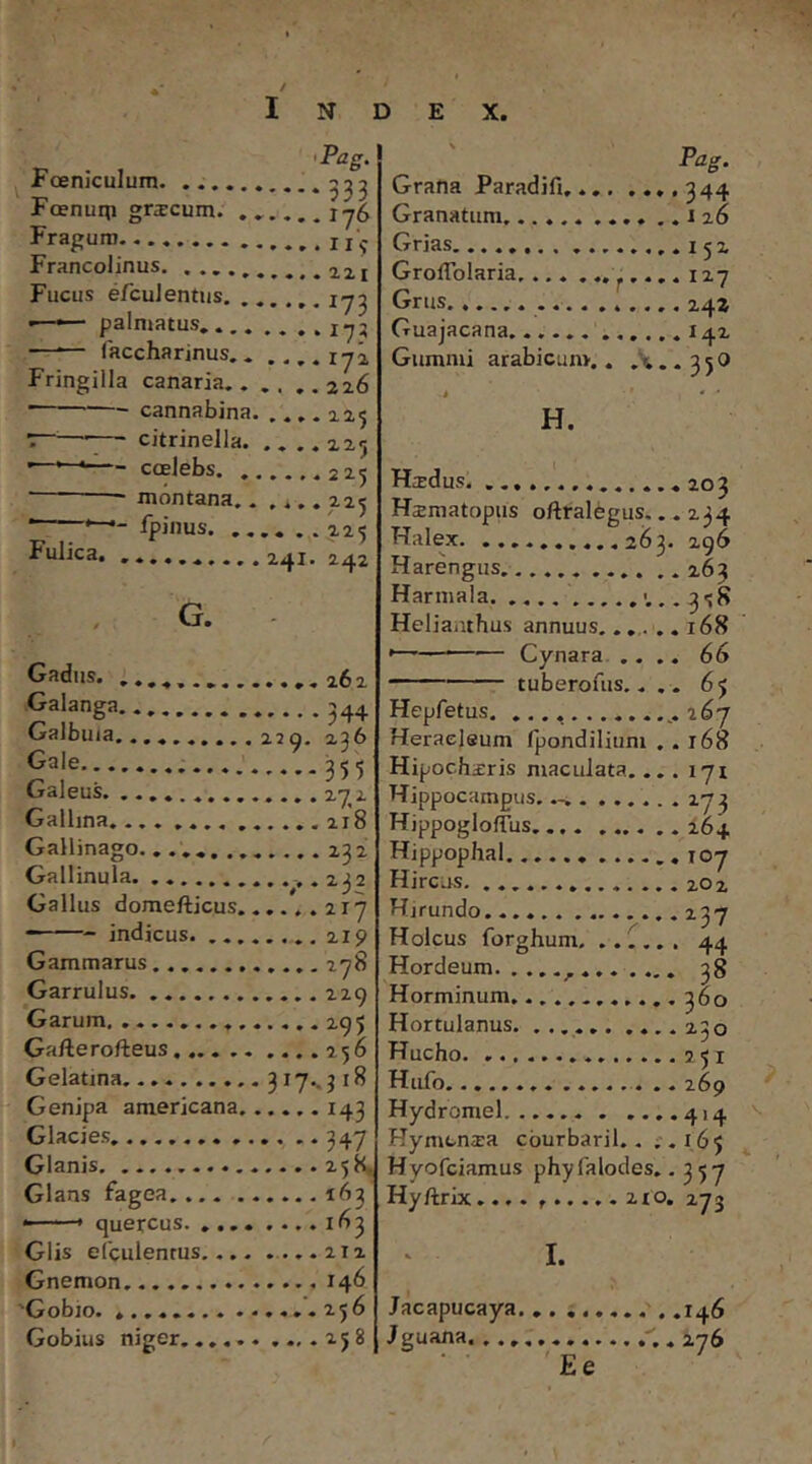 Foeniculum. ... Foenuqi gricum. Fragum Francolinus. . ., Fucus efculentus 1 N <Pag. ••••333 .... 176 ....iiV .... 221 - palmatus, —■— faccharinus,, ..,,172 Fringilla canaria 226 ■ cannabina. ,225 7—^—'—- citrinella. . , .. 22^; ' ’ coelebs 225 • montana...... 22? ’ Ipjims 225 Fulica. 241. 242 . G. Gadiis. ,.262 Galanga Galbuia.......... 22Q. 226 Gale ,...355 Galeus. .............. 27 2 Gallina 218 Gallinago. ............ 232 Gallinula. . , . 232 Gallus domefticus 217 indicus. 219 Gammarus 278 Garrulus 229 Garum. 295 Gafterofteus 256 Gelatina 3x7.. ji8 Genipa americana...... 143 Glacies 347 Glanis 258, Glans fagea 163 quercus. .... .... I 3 Glis efculentus ...212 Gnemon 146 Gobio. ..256 Gobius niger...... ... .258 > E X. Pag, Grana Paradifi,... .... 344 Granatum .126 Grias 152 GrolTolaria ^.... 127 Grus 24» Guajacana 142 Gummi arabicum.. ,^..350 i ■ • ' H. Hidus '... 203 Haematopiis oftralegus... 234 Halejc 263. 296 Harengus. 263 Harmala 3<;8 Helianthus annuus.... 168 '— Cynara .... 66 tuberofus.. . . 65 Hepfetus. 267 Heracleum fpondilium . . r68 Hipochsris maculata.... 171 Hippocampus. 273 Hippogloifus 164 Hippophal 107 HircLis 20 2 Hirundo 237 Holcus forghum. 44 Hordeum. 38 Horminum. 360 Hortulanus 230 Hucho 251 Hufo .. 269 Hydromel 414 Hymcnsa cburbaril.. ;. 165 Hyofciamus phyfalodes. - 357 Hyftrix.... 21o. 273 I. Jacapucaya., . ...... . .146 Jguana. '.. 276 Ee