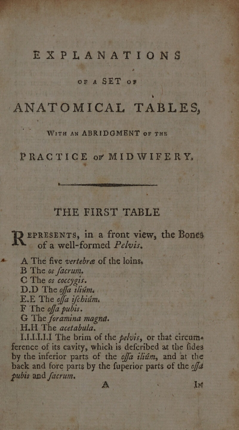 EXPLANATIONS or A SET of. Witea an ABRIDGMENT or THs PRACTICE or MIDWIFERY, THE FIRST TABLE a of a well-formed Pelvis. A. The five vertebre of the loins, B The os facrum. C The os coccygis. D.D The offa thidm: . E.E The offa ifchidm. | F The ofa pubis. G The foramina magna. H.H The acetabula. LLLLLI The brim of the pelvis, or that circum by the inferior parts of the offa tim, and at the back and fore parts by the Apes parts of the ofa pubis and papi In