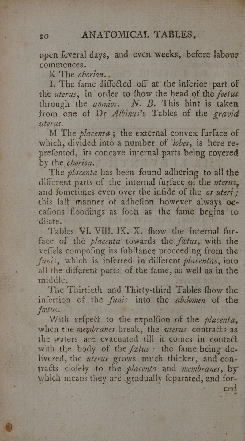 open feveral days, and even weeks, ‘before labour commences. K The chorion. . L The fame diffected off at the inferior part of the wterus, in order to fhow the head of the foetus through the amnios. N. B. This. hint is taken from one of Dr Albinus’s Tables of the gravid uterus. M The placenta ; the external convex Bites: of which, divided into a number of Jodes, is here re- prefented, its concave internal parts being covered Pf the chorion. The placenta has been found adhering to all the different parts of the internal furface of the uterus, and fometimes even over the infide of the os uteri ; this laf’ manner of adhefion however always oc- cafions floodings as foon as the fame begins to dilate. Tables VI. VII. IX. X. fhow the internal fur- face of thé placenta towards the fetus, with the veflels compofing its fubftance proceeding from the’ sti which is inferted in different placentas, into all the different parts of the fame, as well as in the aidate The Thirtieth and Thirty-third Tables fhow the infertion of the funis into Ja abdomen of the fatus. With refpe@&amp; to the intiftaan of the placenta, when the megibranes break, the uterus contracts as the waters are. evacuated till: it comes in contact with the body of the fetus: the fame being de- livered, the uterus grows much thicker, and con- tracts clofely to the placenta: and membranes, by which means they are -gradually feparated, and for- ced