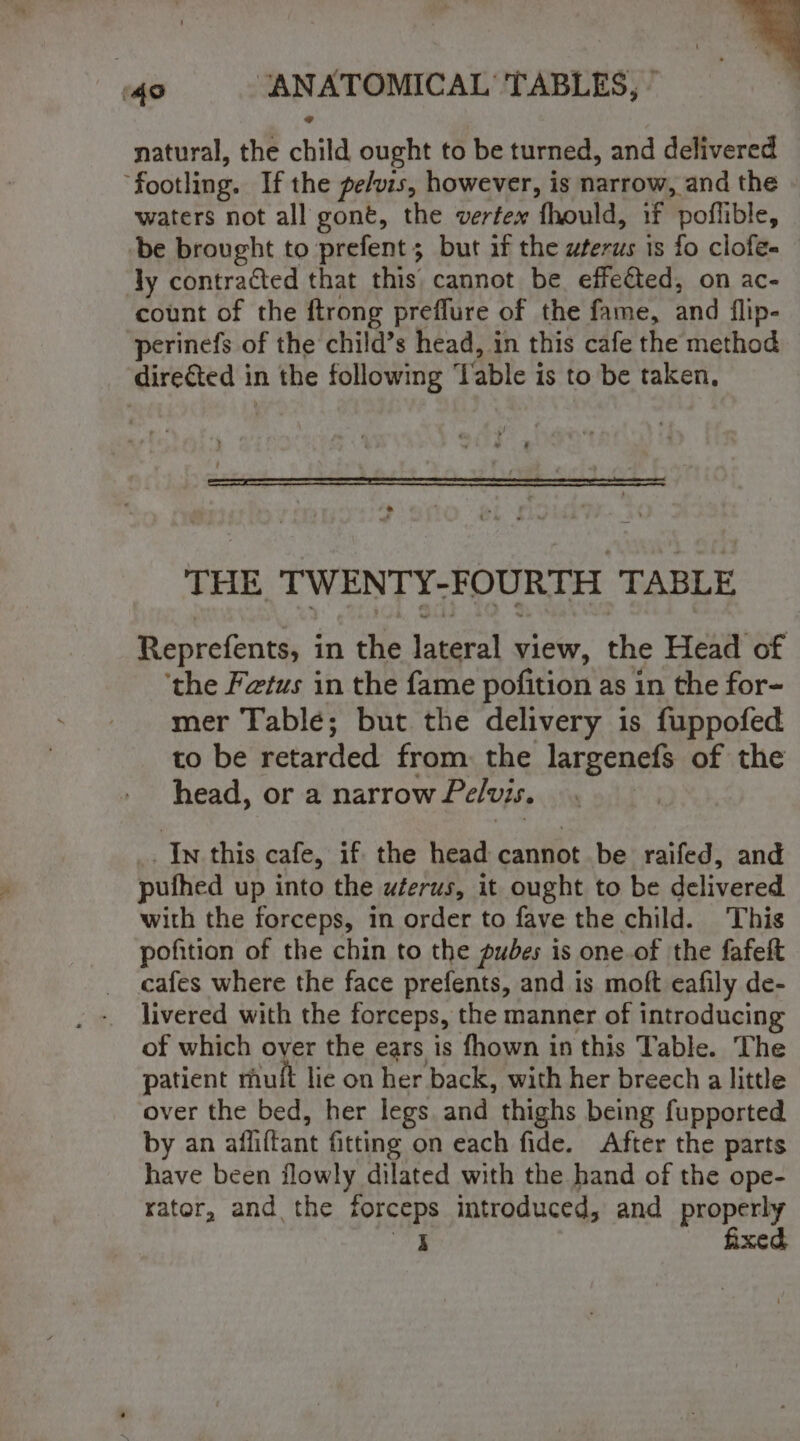 &gt; “’ natural, the child ought to be turned, and delivered “footling. If the pelvis, however, is narrow, and the waters not all gont, the vertex fhould, if poflible, be brought to prefent; but if the wterus is fo clofe- ly contracted that this cannot be effeéted, on ac- count of the ftrong preflure of the fame, and flip- ‘perinefs of the child’s head, in this cafe the method directed in the following ‘lable is to be taken, «40 ANATOMICAL’ TABLES, ’ THE TWENTY-FOURTH TABLE Reprefents, in the lateral view, the Head of ‘the Fetus in the fame pofition as in the for- mer Table; but the delivery is fuppofed to be retarded from: the largenefs of the head, or a narrow Pelvis. . _. In this cafe, if the head cannot be raifed, and pufhed up into the uferus, it ought to be delivered with the forceps, in order to fave the child. This pofition of the chin to the pubes is one.of the fafeit cafes where the face prefents, and is moft eafily de- livered with the forceps, the manner of introducing of which oyer the ears is fhown in this Table. The patient muit lie on her back, with her breech a little over the bed, her legs and thighs being fupported by an afliftant fitting on each fide. After the parts have been flowly dilated with the hand of the ope- rator, and the forceps introduced, and properly ks fixed