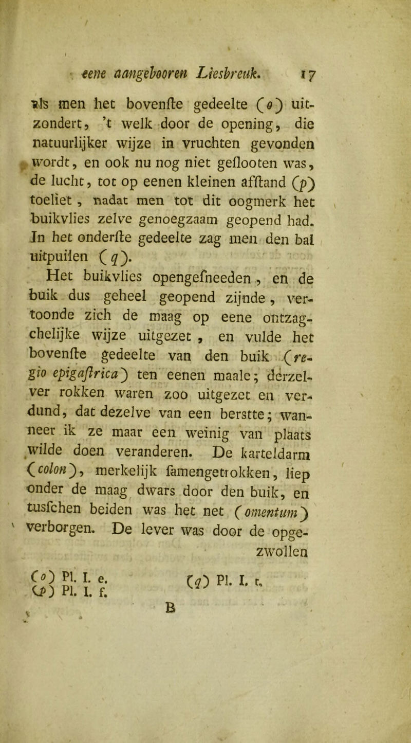 *7 tem aangehooreft Liesbreuk. ■als men het bovenfle gedeelte (0) uit- zondert, ’t welk door de opening, die natuurlijker wijze in vruchten gevonden wordt, en ook nu nog niet geflooten was, de lucht, tot op eenen kleinen afftand (p) toeliet , nadat men tot dit oogmerk het buikvlies zelve genoegzaam geopend had. In het onderfte gedeelte zag men den bal uitpuilen Het buikvlies opengefneeden., en de buik dus geheel geopend zijnde, ver- toonde zich de maag op eene ontzag- chelijke wijze uitgezet , en vulde het bovenfle gedeelte van den buik gio epigajïrica^ ten eenen maalc; dcrzel- ver rokken waren zoo uitgezet en ver- dund, dat dezelve van een berstte; wan- neer ik ze maar een weinig van plaats ^wilde doen veranderen. De karteldarm (co/o«), merkelijk famengetrokken, liep onder de maag dwars door den buik, en tusfchen beiden was het net (omentum^ ' verborgen. De lever was door de opge- zwollen CO PI I. e. U») PI. I. f. CfZ) H. I. r. B