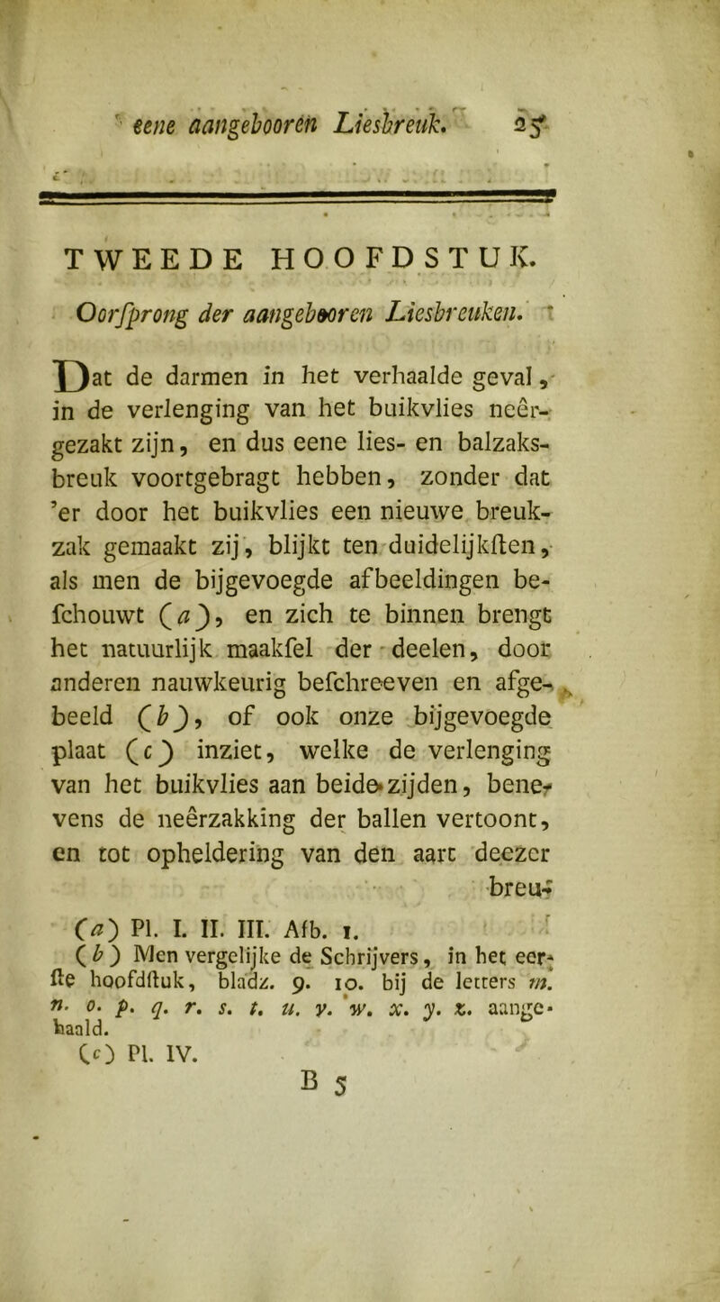 mie aangehoorén Lieshreuh ' 25^ TWEEDE HOOFDSTUK. ^ Oorfprong der aangehmren Lieshreuken,' t Dat de darmen in het verhaalde geval in de verlenging van het buikvlies neêr-- gezakt zijn, en dus eene lies- en balzaks- breuk voortgebragt hebben, zonder dat ’er door het buikvlies een nieuwe, breuk- zak gemaakt zij, blijkt ten-duidelijkflen,- als men de bijgevoegde afbeeldingen be- fchoLiwt Qa')-i en zich te binnen brengt het natuurlijk maakfel det'deelen, door anderen nauwkeurig befchreeven en afge^ beeld of ook onze bijgevoegde plaat (c_) inziet, welke de verlenging van het buikvlies aan beide^zijden, bene?- vens de neerzakking der ballen vertoont, en tot opheldering van den aart ’deezer • • breu-f C^) PI. 1. II. III. Afb. I. ' ^ (^b') Men vergelijke de Schrijvers, in het: eerj ftc hoofdftuk, bladz. 9. 10. bij de letters m. n. 0. p. q. r. s. t, u. y. V. x. y. z. aange- haald. Cc) PI. IV.