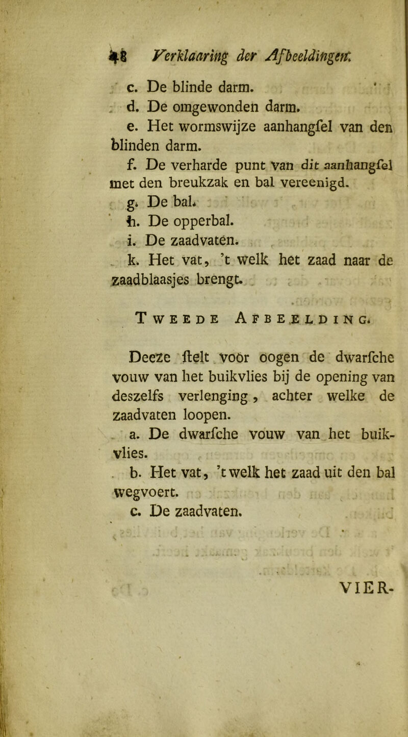 c. De blinde darm. . ; d. De omgewonden darm. e. Het wormswijze aanhangfel van den blinden darm. f. De verharde punt van dit aanhangfel met den breukzak en bal vereenigd. gi De bal* h. De opperbal. i. De zaadvatén. . k. Het vat, _’t welk het zaad naar de zaadblaasjes brengt. , •' Tweede Afbe.elding* Deeze ’llelt voor oogen de dwarfche vouw van het buikvlies bij de opening van deszelfs verlenging, achter welke de zaadvatén loopen. . a. De dwarfche vouw van het buik- vlies. . b. Het vat, ’twelk het zaad uit den bal wegvoert. , c. De zaadvatén. s ^ i * VIER-