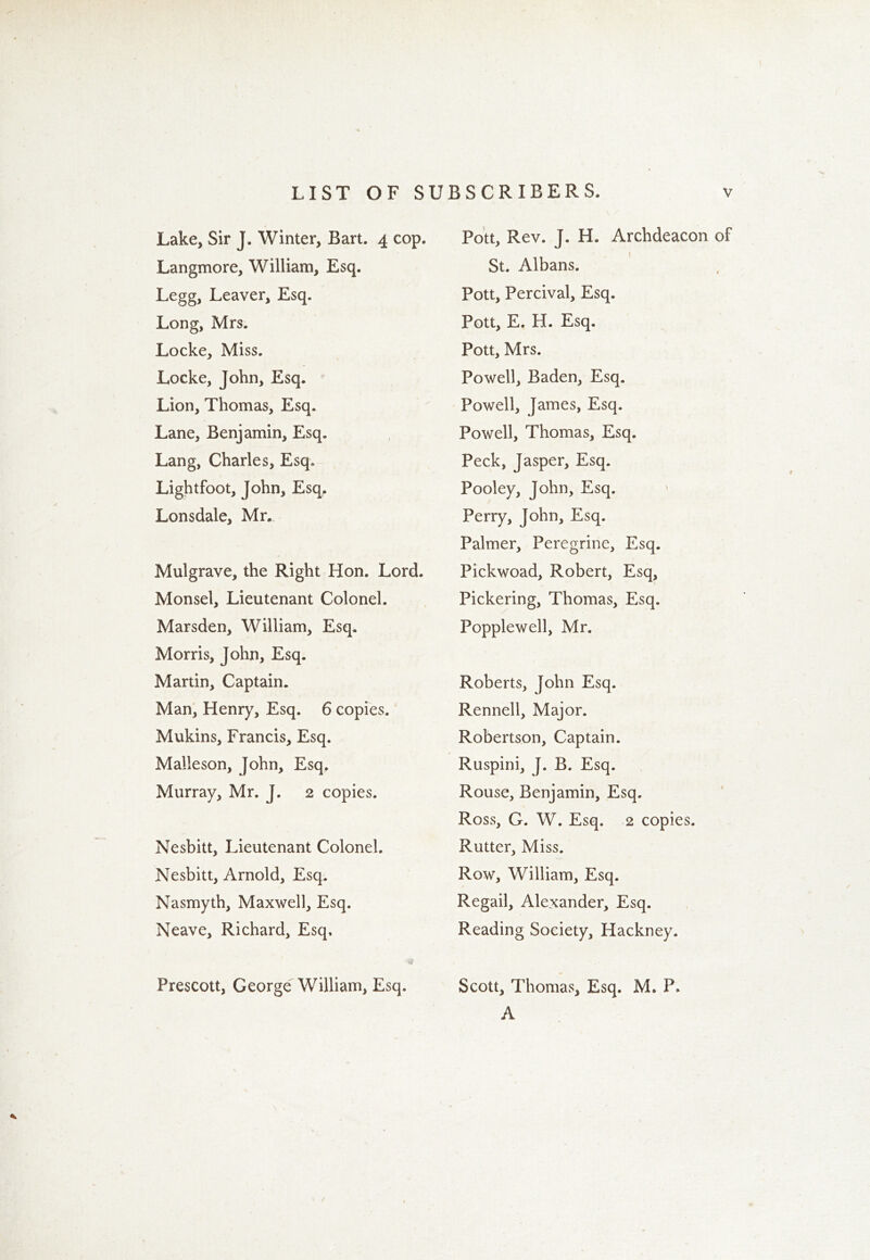 Lake, Sir J. Winter, Bart. 4 cop. Langmore, William, Esq. Legg, Leaver, Esq. Long, Mrs. Locke, Miss. Locke, John, Esq. Lion, Thomas, Esq. Lane, Benjamin, Esq. Lang, Charles, Esq. Lightfoot, John, Esq. Lonsdale, Mr. Mulgrave, the Right Hon. Lord. Monsel, Lieutenant Colonel. Marsden, William, Esq. Morris, John, Esq. Martin, Captain. Man, Henry, Esq. 6 copies. Mukins, Francis, Esq. Malleson, John, Esq. Murray, Mr. J. 2 copies. Nesbitt, Lieutenant Colonel. Nesbitt, Arnold, Esq. Nasmyth, Maxwell, Esq. Neave, Richard, Esq. Prescott, George William, Esq. Pott, Rev. J. H. Archdeacon of St. Albans. Pott, Percival, Esq. Pott, E. H. Esq. Pott, Mrs. Powell, Baden, Esq. Powell, James, Esq. Powell, Thomas, Esq. Peck, Jasper, Esq. Pooley, John, Esq. Perry, John, Esq. Palmer, Peregrine, Esq. Pickwoad, Robert, Esq, Pickering, Thomas, Esq. Popplewell, Mr. Roberts, John Esq. Rennell, Major. Robertson, Captain. Ruspini, J. B. Esq. Rouse, Benjamin, Esq. Ross, G. W. Esq. 2 copies. Rutter, Miss. Row, William, Esq. Regail, Alexander, Esq. Reading Society, Hackney. Scott, Thomas, Esq. M. P» A