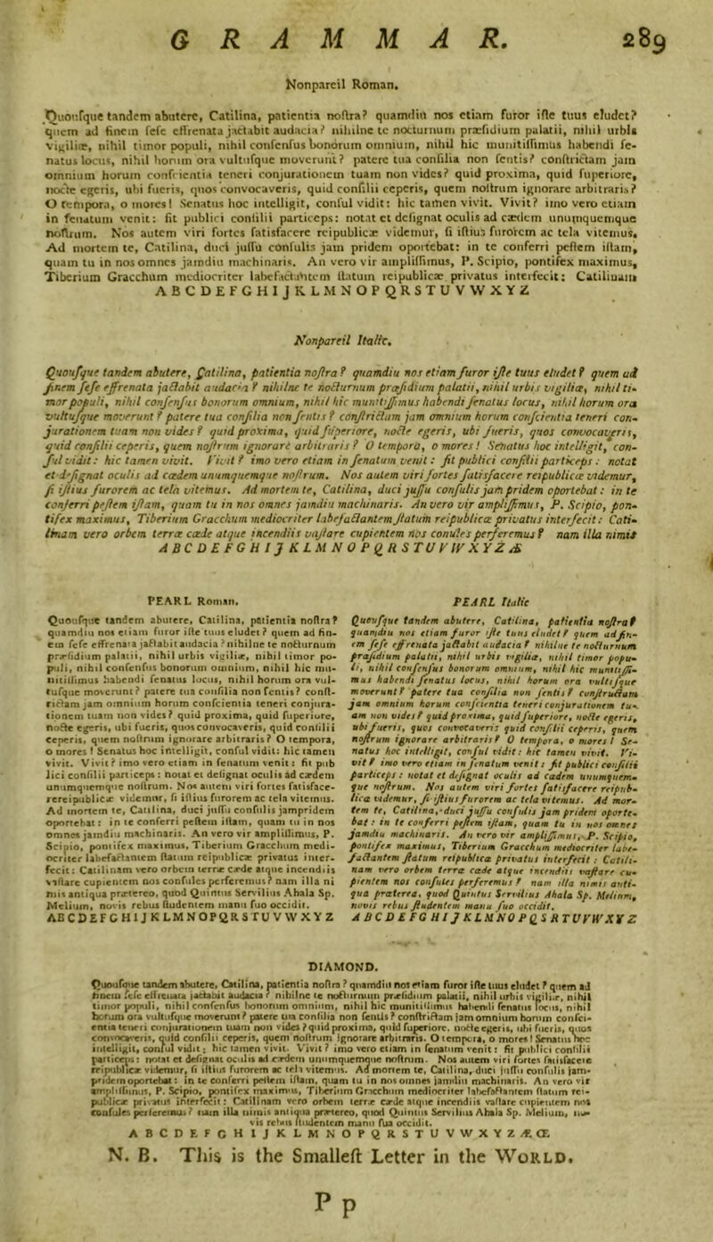 Nonpareil Roman, 'Quoufque tandem abutere, Catilina, patientia noftra? quamdiu nos ctiam furor ifle tuus eludet? quern ail fine in fefe effrenata jatlabit audacia f nihilne tc nocturnum praefidium pulatii, nihil urbU vigilice, nihil tiinor populi, nihil confcnfus bonorum omnium, nihil hie inunitiflimUs habendi fe- natus locus, nihil homm ora vultufque move runt? patcrc tua confilia non fcntisi* conftrictam jam omnium horuin confrientia teneri ronjurationcin tuam nonvides? quid proxima, quid fiiperiorc, nocte egeris, uhi fueris, quos convocaveris, quid confilii ceperis, quem noltrum ignorarc arbitraris? O rempom, o mores 1 Senatus hoc intclligit, conlul vidit: hie tamen vivit. Vivit? iino vero etiam in feiiatuni venit: fit publici coniilii particcps: notat ct defignat oculis ad caedem unupiquenique nofUum. Nos autem viri fortes fatisfarcre rcipublicae videinur, fi iftius furorem ac tela vitemus. Ad mortem tc, Catilina, duel juflu conlulis jam pridem oportebat: in tc conferri peftem illain, quain tu in nosomnes jamdiu machinaris. An vero vir amplillimus, P. Scipio, pontifex maximus, Tiberium Gracchum mcdiocriter labcfactuhtcm datum reipublicae. privatus interfecit; Caliliuaiu ABCDEFGHIJRLMNOPQRSTUYWXYZ Nonpareil Italic, Quoufque tandem abutere, Qatilina, patientia nojlra ? quamdiu nos ctiam furor ijle tuus eludet ? quem ad Jinem fefe effrenata jaflabit andadn Y nihilne te. noElurnum prafidium palatii, nihil urbis vigiliat, nihil ti* morpopuli, nihil confcnfus bonorum omnium, nihil hie mumtiffimus habendi fenatus locus, nihil horum ora vultufque moverunt Y patcrc tua confilia nonfentis ? conflriclam jam omnium horum confcientia teneri con- jurationem tuam non aides f quid proximo, quid fiiperiorc, node egeris, ubi fueris, qnos convocaveris, quid confilii ceperis, quem noftrum ignorart arbitraris? 0 tempora, o mores! Senatus hoc intclligit, con- ful vidit: hie tamen vivit. Vivit Y imo vero ctiam in fenatum venit : ft publici confiii particcps : notat ctifignat oculis ad ccedem unumqucmquc nof rum. Nos autem viri fortes falisfaccrc rei public te vi demur t f ifius furorem ac tela vitemus. Ad mortem te, Catilina, dueijuffu corfulis jam pridem oportebat: in te conferri pefem if am, quam tu in nos omnes jaindiu machinaris. An vero vir ampliffmus, P. Scipio, pon- tifex maximus, Tiberium Gracchum mcdiocriter labefaflantem ftatuin reipublicee privatus interfecit: Cati- Itriam vero orbem terra cade atque incendiis vaflare cupientem nos conules perferemus f nam ilia nimis ABC DEFG HI] KLMNOPQRSTUVIVXYZ/K PEARL Roman. Quoufque tandem abutere, Catilina, patientia noflra? quamdiu not ei iam furor ifle tuus eludet ? quem ad fin- em fefe effrenata jaftabit audacia ? nihilne tc noElurnum pra-fidium palatii, nihil urbis viciliae, nibil tiinor po- p ili, nihil confcnfus bonorum omnium, nihil hie mtt- nitiliimus habendi fenatus locus, nihil horum ora vul- tufque moverunt? patere tua confilia nonfentis? confl- riclam jam omnium horum confcientia teneri conjura- (ionem tuam non vides? quid proxima, quid fupcriorc, nofte egeris, ubi fueris, quosconvocavcris, quid coniilii ceperis, quem noftnim ignorare arbitraris? O tempora, o tnores ! Senatus hoc intclligit, conful vidit: hie tamen vivit. V ivie ? imo vero ctiam in fenatum venit: fit pub lici confilii particcps : notat et defignat oculis ad cardcm unumquemque noftrum. No« autem viri fortes fatisface- rereipublicjr videmnr, fi if)ins furorem ac tela vitemus. Ad mortem te, Catilina, duct juffu conful is jampridcin oportebat: in tc conferri peftein illain, quam tu in nos omnes jaindiu machinaris. An vero vir amplillimus, P. Scipio, pontifex maximus, Tiberium Gracchum medi- ocritcr labefaelantem (latum reipublic* privatus inter- fecit: Cttilinam vero orbein terr«c c.rde atque incendiis vaflare cupientem nos confules perferemus? nam ilia ni nm antiqua prarterco, quod Quintus Servilius Ahala Sp. Jvlcliuin, novis rebus (ludentem inanu fuo occidit. ADCDEFGH1JKLMN0PQRSTUVWXY2 PEARL Italic Quoufque tandem abutere, Catilina, patientia noftraf quamdiu nos etiam furor ijte tuus eludet f quem adfin- em fefe effrenata jadabit audacia ¥ nihilne te nofturuum. prafidium palatii, nihil urbis v gilt a, nihil tirnor popu- ir, nihil confcnfus bonorum omnium, nihil hie muntti/Ji- mus habendi fenatus locus, nihil horum ora vuttifque moverunt ¥ patere tua confilia non Jentisf cunjlrudum jam omnium horum confcientia teneri conjurationem tu- am non vides f quid proxima, quidfupcriorc, node egeris, ubi fueris, quos c on voe averts quid eonftii ceperis, quem noftrum ignorare arbitrarisf 0 tempora, o mores I Se- natus hoc intclligit, conful vidit: hie tamen vivit. Vi- vit ¥ imo vero etiam in fenatum venit: ft publici confilii particcps : notat et defignat oculis ad cadrm unumqnem- que noftrum. Nos autem viri fortes fatisfaeere reipub- lica vi demur, ft iftius furorem ac tela vitemus. Ad mor- tem te, Catilina,-duct jujfu conful is jam pridem oporte- bat: in te conferri peftem ijlam, quam tu in not otr.net jamdiu machinaris. An vero vir amphjjinim,-P. Scipio, pontifex maximus, Tiberium Gracchum mcdiocriter tab/- fadantem Jlatum reipubhea privatus interfecit : Cati/i- nam vero orbem terra cade atque incendiis vaftare cu- pientem nos confutes perferemus ¥ nam it/a nimis anti- qua praterea, quod Quintus Servilius Ahala Sp. Met mm, novis rebus ftudentem manu fuo occidit. A BCD E FG H l f KLMNO PQS RTVVWXTf Z DIAMOND. Quoufque tandem abutere, Catilina, patientia noftra ? quamdiu not etiam furor ifle tuus eludet ? quem ad fincin fefe effrciuu jadabit audacia < nihilne te noElurnuin pnefiduim palatii, nihil urbis vigili.r, nihil timor populi, nihil confcnfus bonorum omnium, nihil hie munitifiimus habendi fenatus locus, nihil berum ora vulturque moverunt? patere tua confilia non fentls? conflnflam jam omnium horum confci- entta teneri conjurationem tuam non vides ?quid proxima, quid fiiperiorc. node egeris, uhi fueris, quo* cotivncavern, quid confilii ceperis, quem noltrum ignorare arbitraris. O tempera, o mores ! Senatus nec iuleliigil, conlul vidit: hie tamen vivit. V'ivit ? imo vero ctiam in fenatum venit: fit publici coniilii particcps: notat ct defieiiat oculis ad errdem unumquemaue noftnim. Nos autem viri fortes faiisfaceie rripnblicz videmur, fi illius furorem ac tell vitemus. Ad mortem te, Catilina, duci juflii confulis jam* pridem oportebat: in te conferri pellem illain, quam tu in nm omnes jamdiu machinaris. An vero vie •mplilfiinus, P. Scipio, pontifex maximus, Tiberium Gracchum mediocritcr labefaflantem datum rei- publicar privatus interfecit: Catilinam vero orbem terr.e ca-dc atque incendiis vaflare cupientem nos confules per!eremu>? turn ilLa nimit antiuua pra-tereo, quod Quintus Servilius Ahala Sp. Melium, uv* vis rebus (ludentem manu fua occidit. ABCDEFGHIJKLMNOPQRSTUVWXYZ^CE N. B. This is the Smalleft Letter in the World. Pp