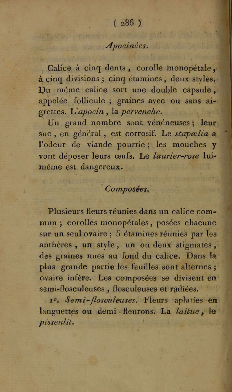 Apocinées. . Calice à cinq dents , corolle monopétaîe, à cinq divisions ; cinq étamines, deux stvles. pu même calice sort une double capsule, appelée follicule ; graines avec ou sans ai- grettes. lu'apocin, la pervenche. Un grand nombre sont vénéneuses ; leur suc , en général, est corrosif. Le stapœlia a l’odeur de viande pourrie ; les mouches y vont déposer leurs œufs. Le laurier-rose lui- même est dangereux. Composées. Plusieurs fleurs réunies dans un calice com- mun ; corolles monopétales, posées chacune sur un seul ovaire ; 5 étamines réunies par les anthères , un style , un ou deux stigmates, des graines nues au fond du calice. Dans la plus grande partie les feuilles sont alternes ; ovaire infère. Les composées se divisent en semi-flosculeuses , flosculeuses et radiées. 1°. Semi-flosculeuses. Fleurs aplaties en languettes ou demi - fleurons. La laitue, le pissenlit. *