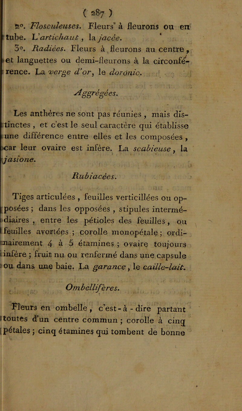 ao. Flos.culeuse5. Fleurs’ à fleurons ou en tube. artichaut, la jacée. 5°. Radiées. Fleurs à,fleurons au centre,- let languettes ou demi-fleurons à la circonfé^- I rence. La ojei'ge d’or^ le doronic. . ‘ Aggrégées. ,• Les anthères ne sont pas réunies , mais dis- ilinctes , et c’est le seul caractère qui établisse ;une différence entre elles et les composées , icar leur ovaire est infère. La scabieuse, la ’ jasîone. Rubiacées. , ■1.: Tiges articulées , feuilles verticillées ou op- posées ; dans les opposées , stipules intermé- •diaires , entre les pétioles des feuilles, ou ^ -feuilles avortées ; corolle monopétale ; ordi-, mairement 4 à 5 étamines ; ovaire toujours Unfère ; fruit nu ou renfermé dans une,capsule t'Ou dans une baie, La garance ^ le caille-lait. ) Ombellifkres. « * ' ■ » Fleurs en ombelle, c’est-à-dire partant ' ' Ptoutes d’un centre commun ; corolle à cinq [pétales J cinq étamines qui tombent de bonne