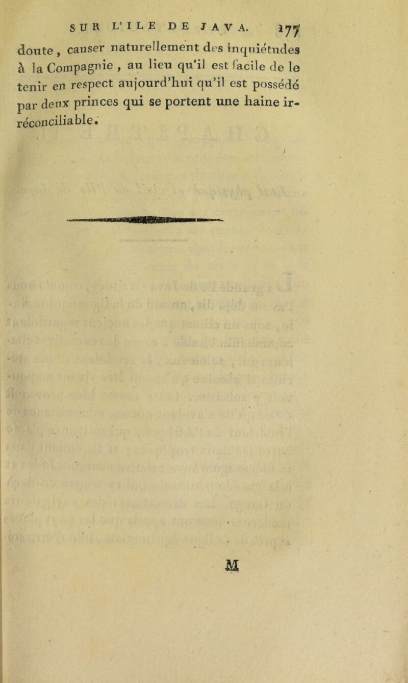 doute , causer naturellement des inquiétudes h la Compagnie , au lieu qu’il est facile de le tenir en respect aujourd’hui qu’il est possédé par deux princes qui se portent une haine ir- réconcilia ble •