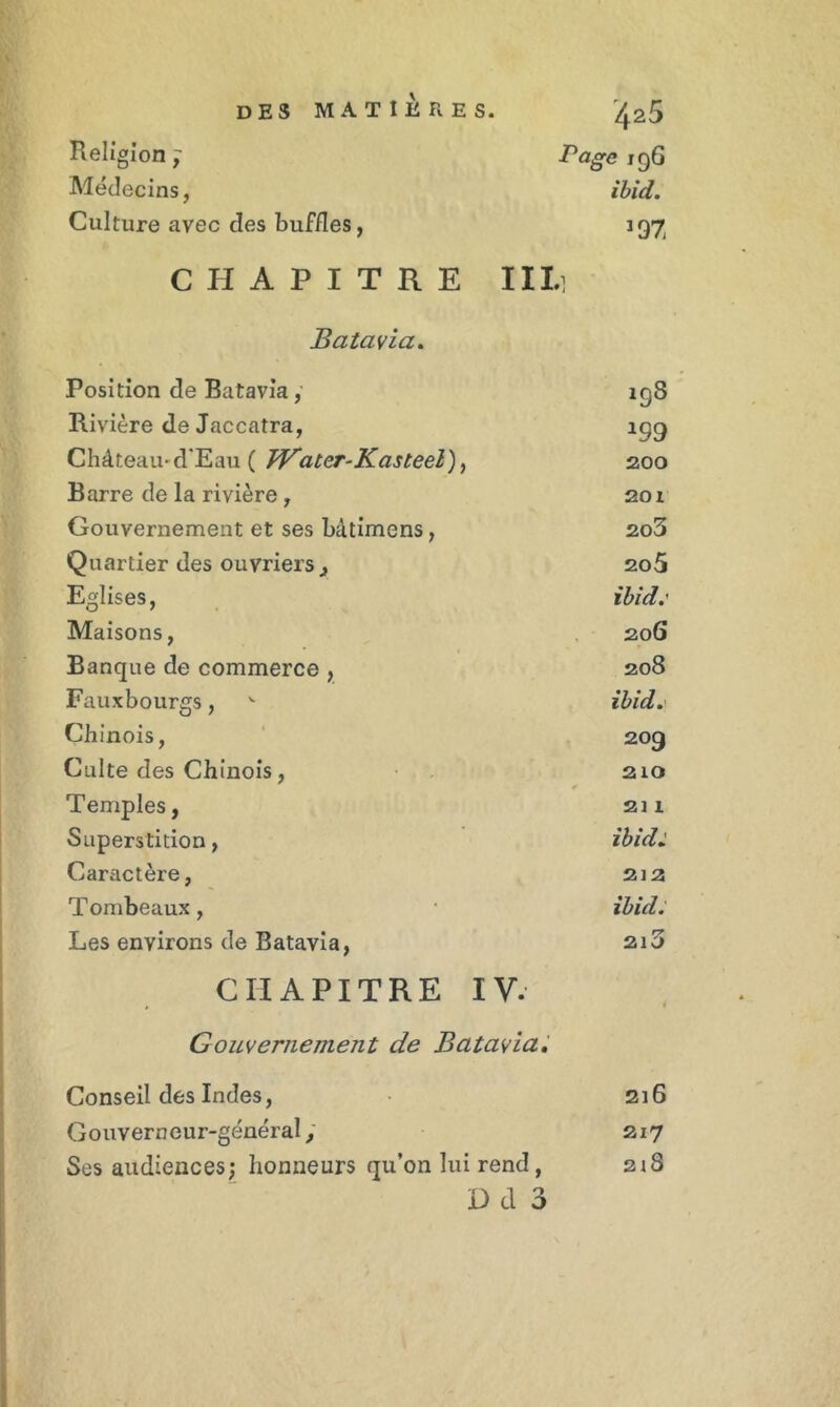 Religion ; Page 196 Médecins, ibid. Culture avec des buffles, *97 CHAPITRE III] Batavia. Position de Batavia, igS Rivière de Jaccatra, Château-d'Eau ( JVater-Kasteel), 200 Barre de la rivière , 201 Gouvernement et ses bâtimens, 203 Quartier des ouvriers. 2o5 Eglises, ibid.' Maisons, 206 Banque de commerce , 208 Fauxbourgs, v ibid. Chinois, 209 Culte des Chinois, 210 Temples, 21 1 Superstition, ibid: Caractère, 212 Tombeaux, ibid. Les environs de Batavia, 2l3 CHAPITRE IV. Gouvernement de Batavia, Conseil des Indes, 216 Gouverneur-général, 217 Ses audiences; honneurs qu’on lui rend, 2iS