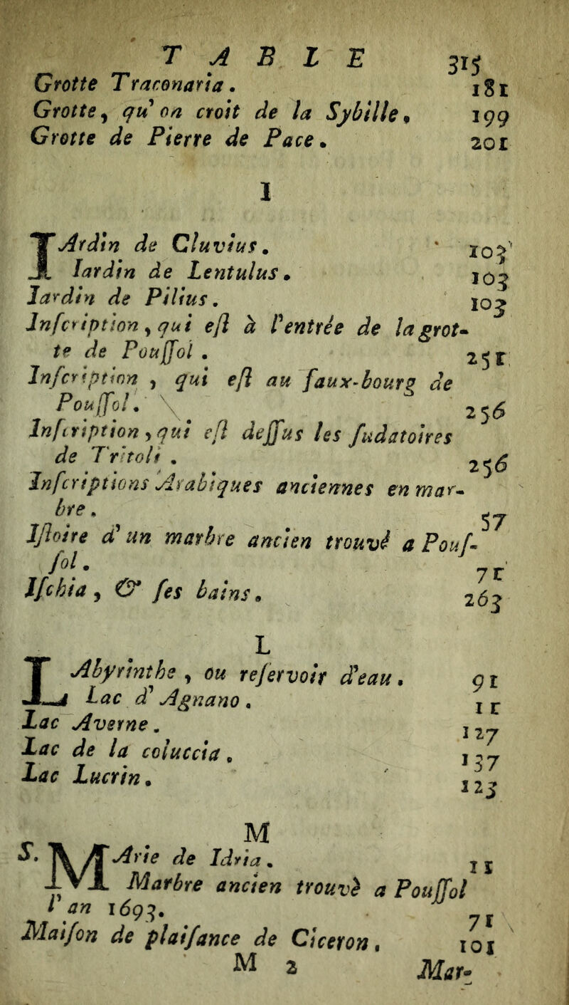 T A B l lE SIS Grotte Traronaria • igl Grotte^ qu on croît de la S y bille 9 199 Crotte de Pierre de Pace. 201 IArâm de Ciuviuf. ' 105^ lardin de Lentulus. lardin de Pilius, xoj Infctipîion yqui ejl à t'entrée de lagrot^ te de Pou[[oÎ . 25r Jn/crfption , qui efl au faux-bourp de Pouffol. \ ^ Infcriptton y^ut efl deffus les fudatotres de Trìtoli . Jnfcripüons'Atah'tques anciennes enmar. ^ 57 IJïoire d'un marbre ancien trouvé a Pouf- fol. Ifchiay & fes bains. 7r 265 IAbytmîhe , ou refervoir d’eau, U Lac à’ Agnano. itfc Averne, lac de la coluccia. Lac Lucrin. çt I r 127 *57 izs 11 ±VX Marbre ancien trouvé a Pouffol I an i6çs. _j Maifon de plaifance de Ciceton i loi