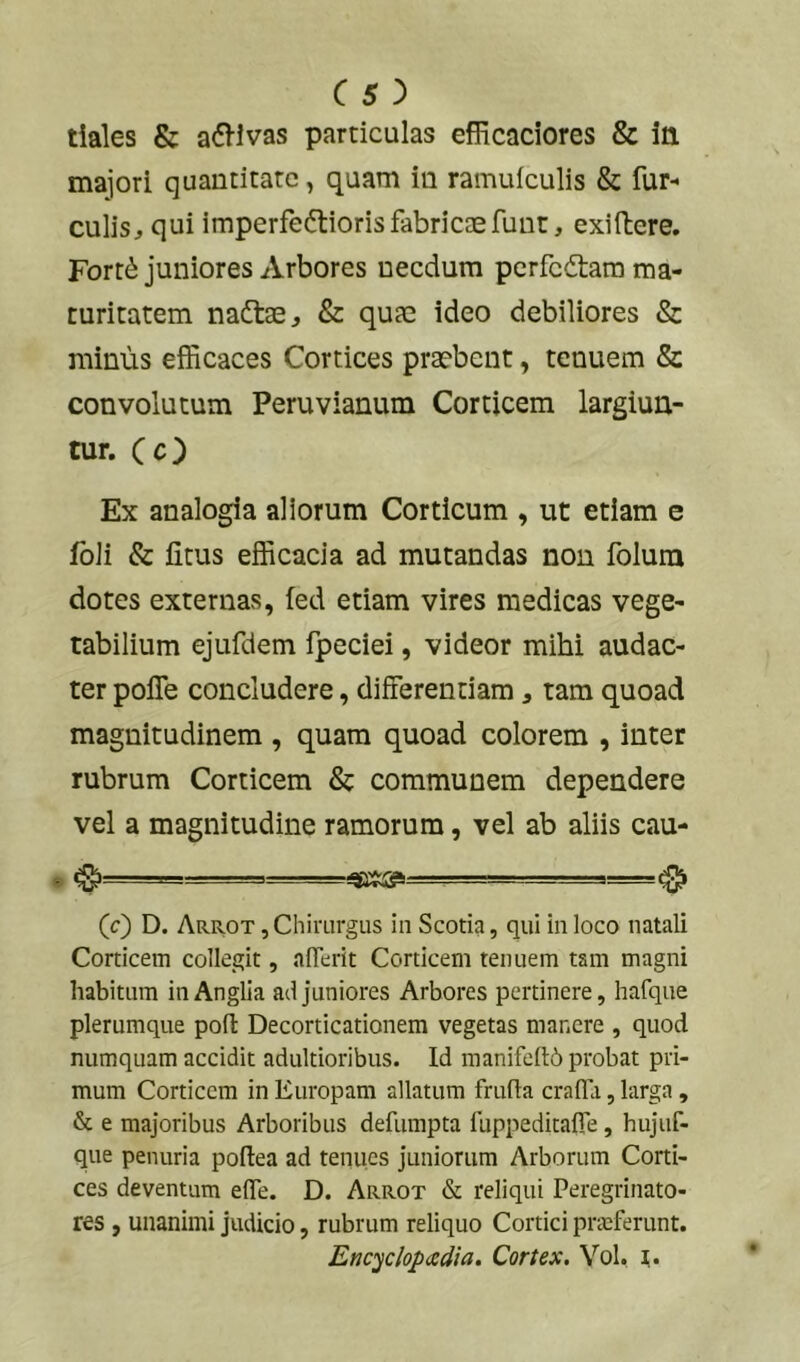 c 5:) tiales & a(5llvas particulas efficaciores & In majori quantitate, quam in ramuiculis & fur-* culis, qui imperfectioris fabricae funt, exifhere. FortC juniores Arbores necdum perfeCtam ma- turitatem nadtae, & quae ideo debiliores & minus efficaces Cortices praebent, tenuem & convolutum Peruvianum Corticem largiun- tur. (c) Ex analogia aliorum Corticum , ut etiam e foli & fitus efficacia ad mutandas non folura dotes externas, fed etiam vires medicas vege- tabilium ejufdem fpeciei, videor mihi audac- ter pofle concludere, differentiam, tam quoad magnitudinem, quam quoad colorem , inter rubrum Corticem & communem dependere vel a magnitudine ramorum, vel ab aliis cau- (c) D. Arrot ,Chirurgus in Scotia, qui in loco natali Corticem collegit, afferit Corticem tenuem tam magni habitum in Anglia ad juniores Arbores pertinere, hafque plerumque poli Decorticationem vegetas manere , quod numquam accidit adultioribus. Id manife(l6 probat pri- mum Corticem in Europam allatum fruda crafla, larga, & e majoribus Arboribus defumpta fuppeditafle, hujuf- que penuria poftea ad tenues juniorum Arborum Corti- ces deventum effe. D. Arrot & reliqui Peregrinato- res , unanimi judicio, rubrum reliquo Cortici prieferunt. Encycloj)adia. Cortex. Vol. r.