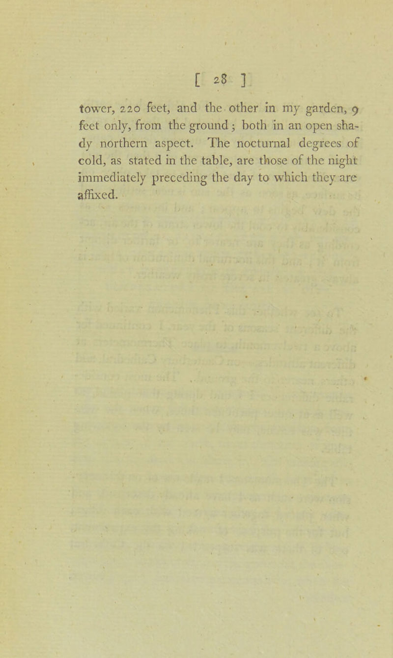 tower, 220 feet, and the. other in my garden, 9 feet only, from the ground; both in an open sha- dy northern aspect. The nocturnal degrees of cold, as stated in the table, are those of the night immediately preceding the day to which ss are afixed. |