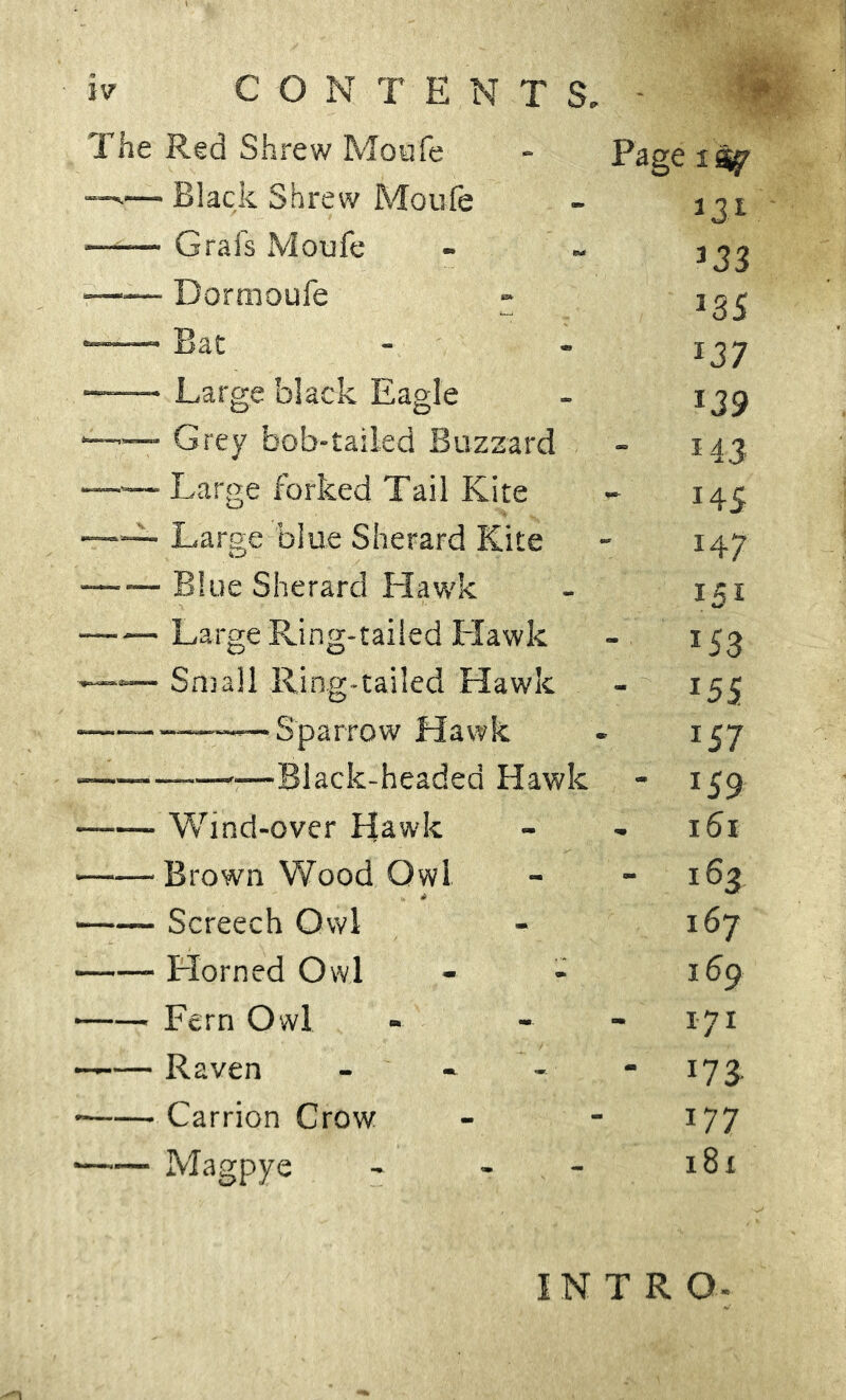 17 CON T ENTS, - The Red Shrew Moufe - Page —«•—Black Shrew Moufe - 131 —‘— Grafs Moufe - - jgg *——Dormoufe - Bat - - ^37 ——Large black Eagle - 139 ■—•—* Grey bob-tailed Buzzard - 143 —•— Large forked Tail Kite - 145 ——— Large blue Sherard Kite - 147 Blue Sherard Hawk - 151 Large Ring-tailed Hawk - 153 — Small Ring-tailed Hawk - 155 ———Sparrow Hawk . 157 • —-—Black-headed Hawk - 159 Wind-over Hawk - - 161 Brown Wood Owl - - 163 Screech Owl - 167 Horned Owl - - 169 Fern Owl - - 171 — Raven - - - 173 • Carrion Crow - - 177 ■ Magpye - - - 181 INTRO-