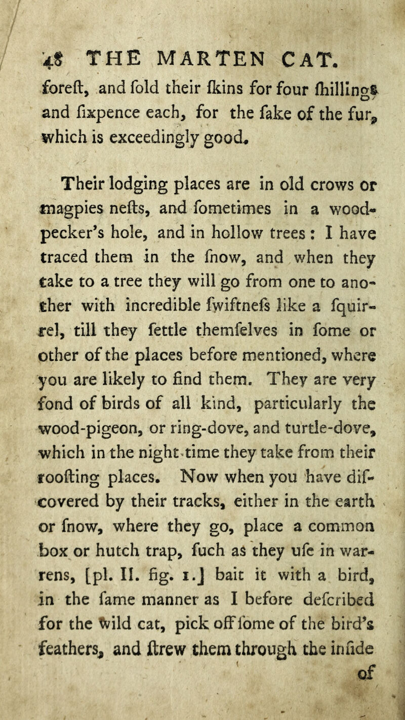 foreft, and fold their fkins for four fhillingS and fixpence each, for the fake of the fur, which is exceedingly good. Their lodging places are in old crows or tnagpies nefts, and fometimes in a wood- pecker’s hole, and in hollow trees: I have traced them in the fnow, and when they take to a tree they will go from one to ano- ther with incredible fwiftnefs like a fquir- rel, till they fettle themfelves in fome or other of the places before mentioned, where you are likely to find them. They are very fond of birds of all kind, particularly the wood-pigeon, or ring-dove, and turtle-dove, which in the night time they take from their roofting places. Now when you have dis- covered by their tracks, either in the earth or fnow, where they go, place a common box or hutch trap, fuch as they ufc in war- rens, [pi. II. fig. i.j bait it with a bird, in the fame manner as I before defcribed for the foild cat, pick off fome of the bird’s feathers, and ftrew them through the iruide of
